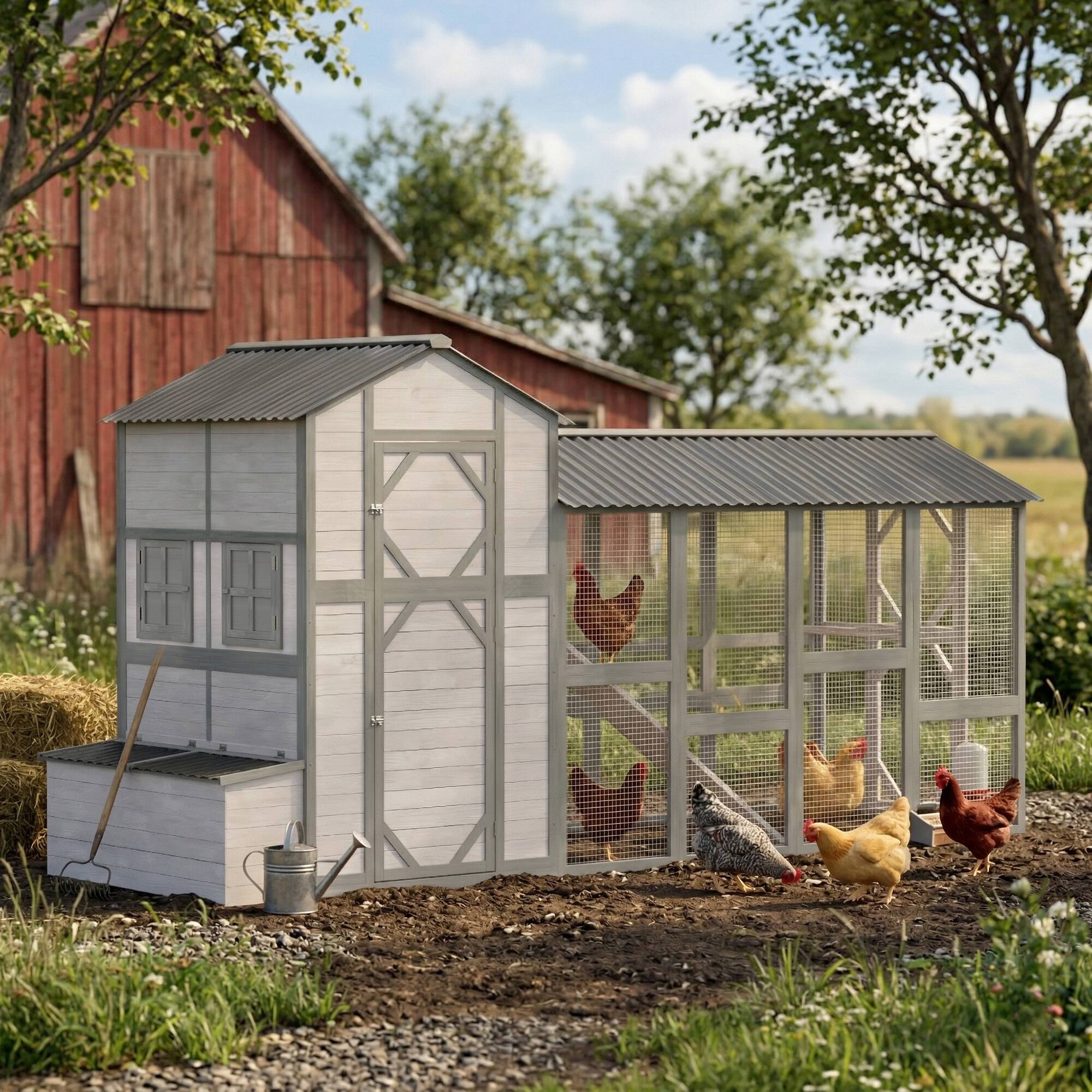 Alt View 1. Pawhut - Extra Large Chicken Coop, Wooden Hen House for 8-10 Hens - Gray.