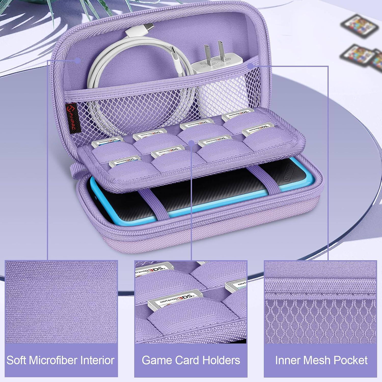FINPAC  
- sodium sassion  
TOESHOP saladart.com  
3DS. "SDEBOHRIHEY  
boorly  
Soft Microfiber Interior  
Game Card Holders  
Inner Mesh Pocket