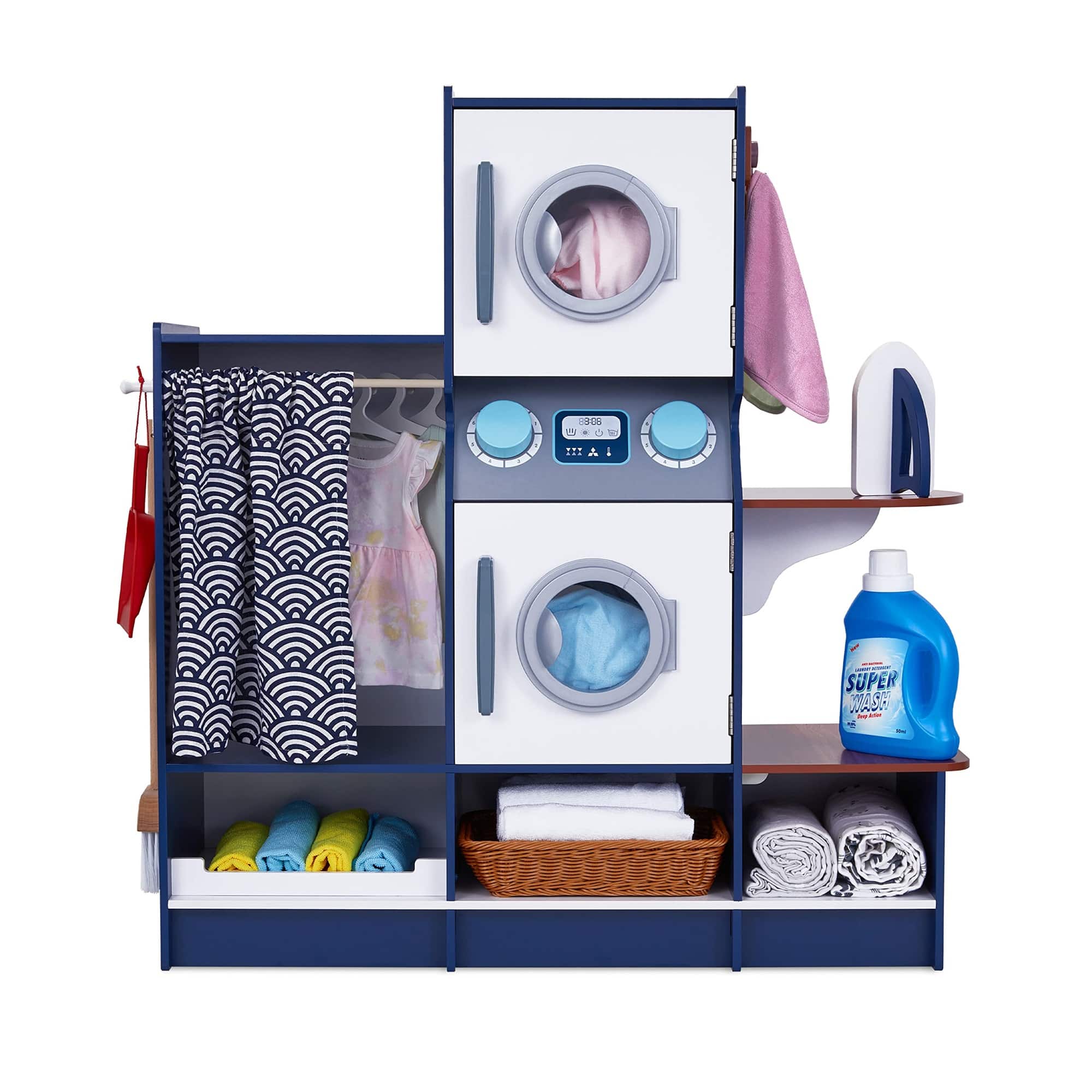 Lil' Jumbl - Kids Washer and Dryer Playset, Wooden Laundry Play Set for Kids w/Iron, Hangers & More - Black