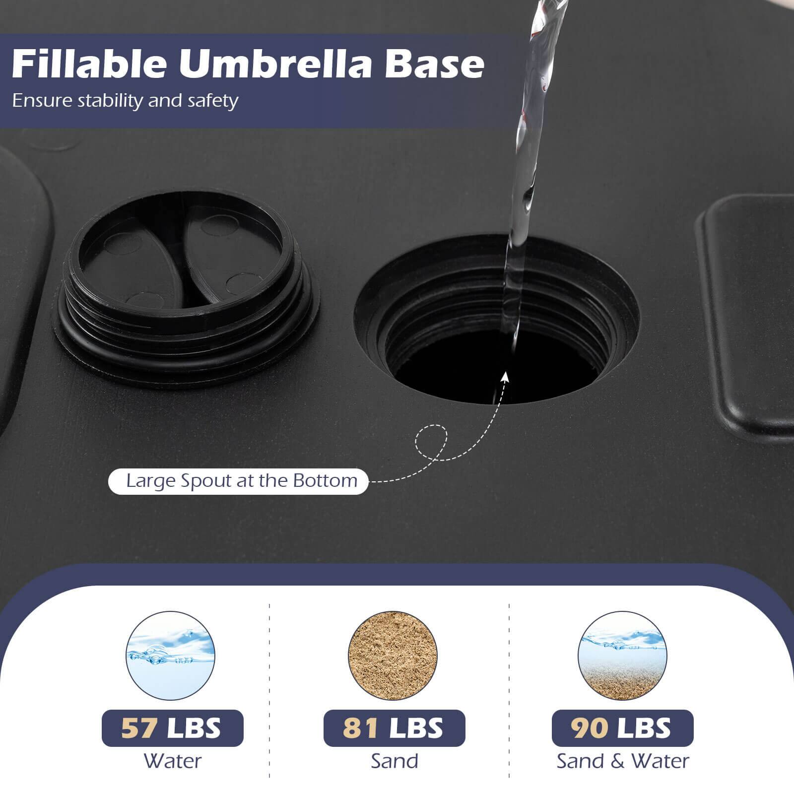 Fillable Umbrella Base  
Ensure stability and safety  

Large Spout at the Bottom  

57 LBS Water  
81 LBS Sand  
90 LBS Sand & Water