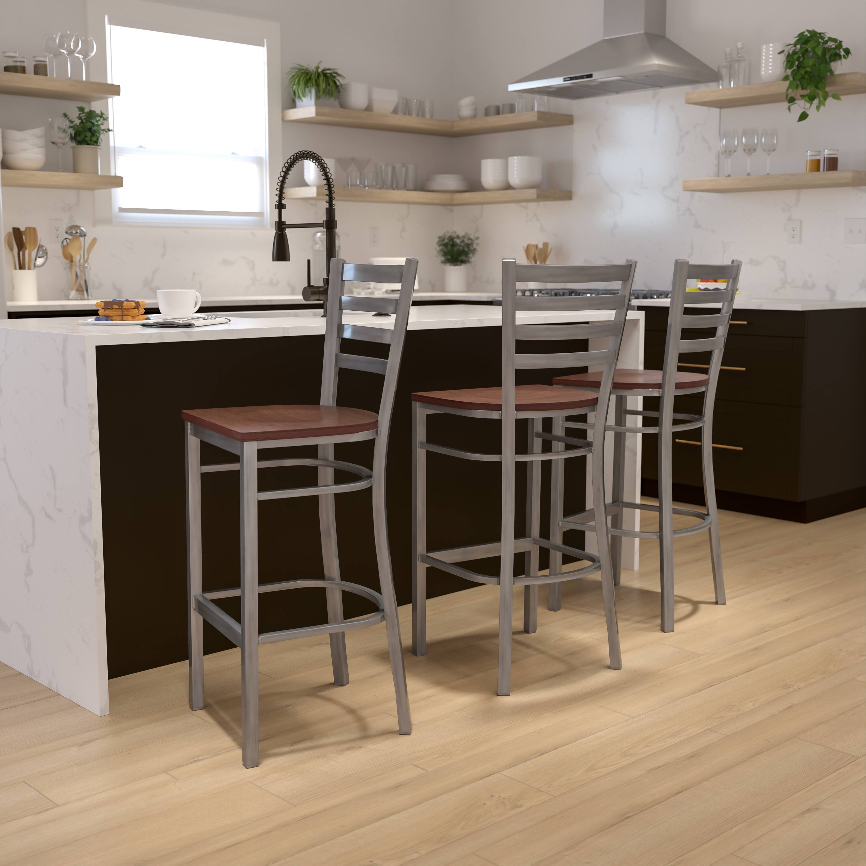 Alt View 1. Emma + Oliver - Clear Coated Ladder Back Metal Restaurant Dining Barstool - Cherry Wood Seat/Clear Coated Metal Frame.