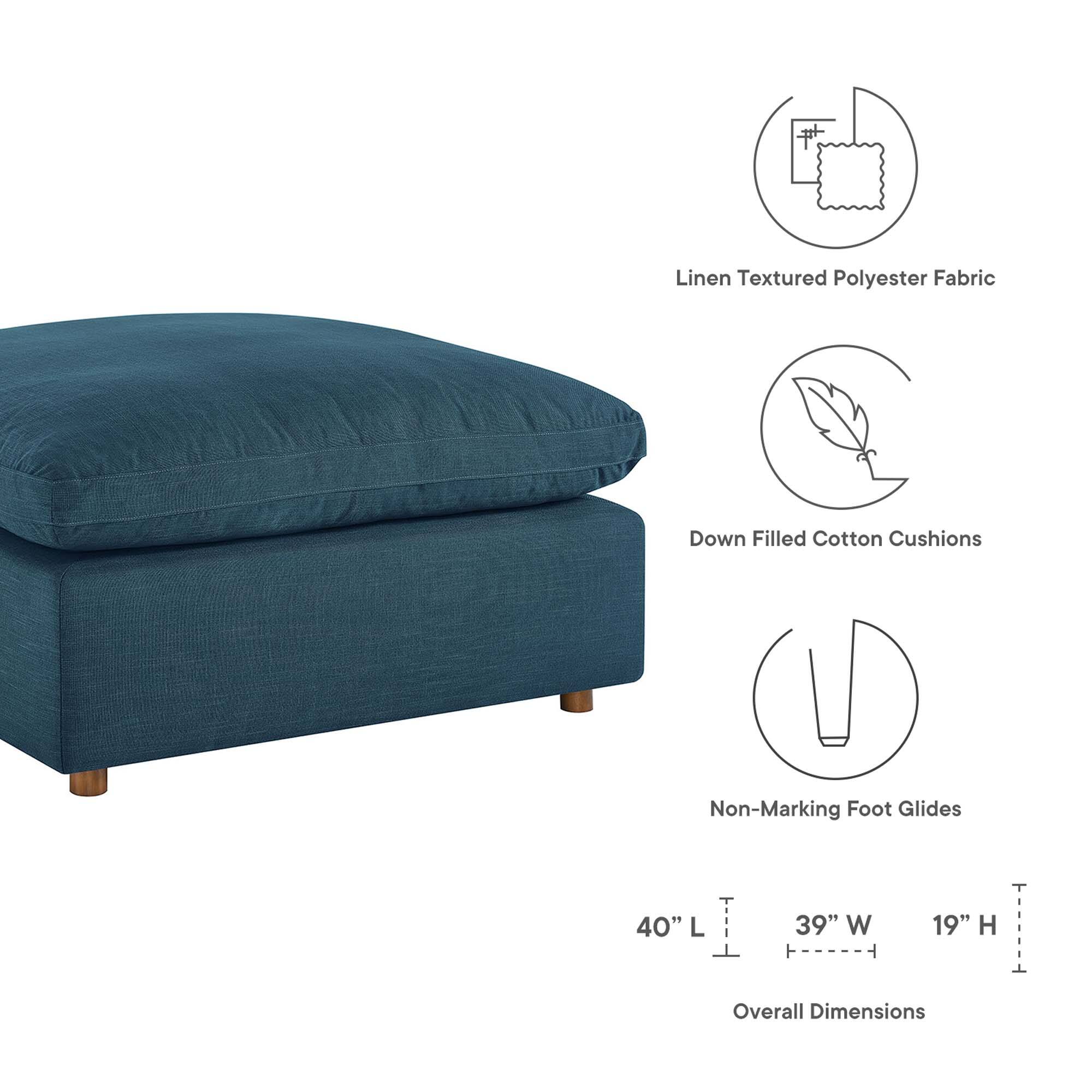 Linen Textured Polyester Fabric  
Down Filled Cotton Cushions  
Non-Marking Foot Glides  

40" L x 39" W x 19" H  
Overall Dimensions