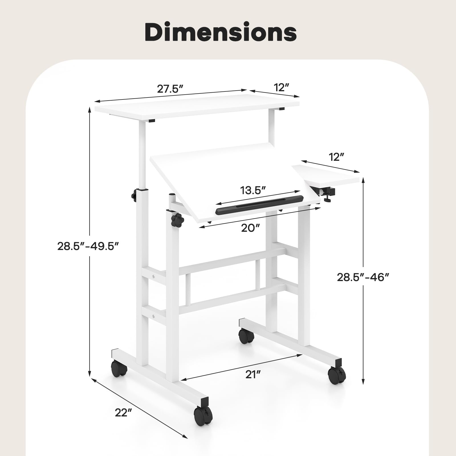 Dimensions: 27.5" x 12" x 12" x 13.5" x 20" x 28.5"-49.5" x 28.5"-46" x 21" x 22"