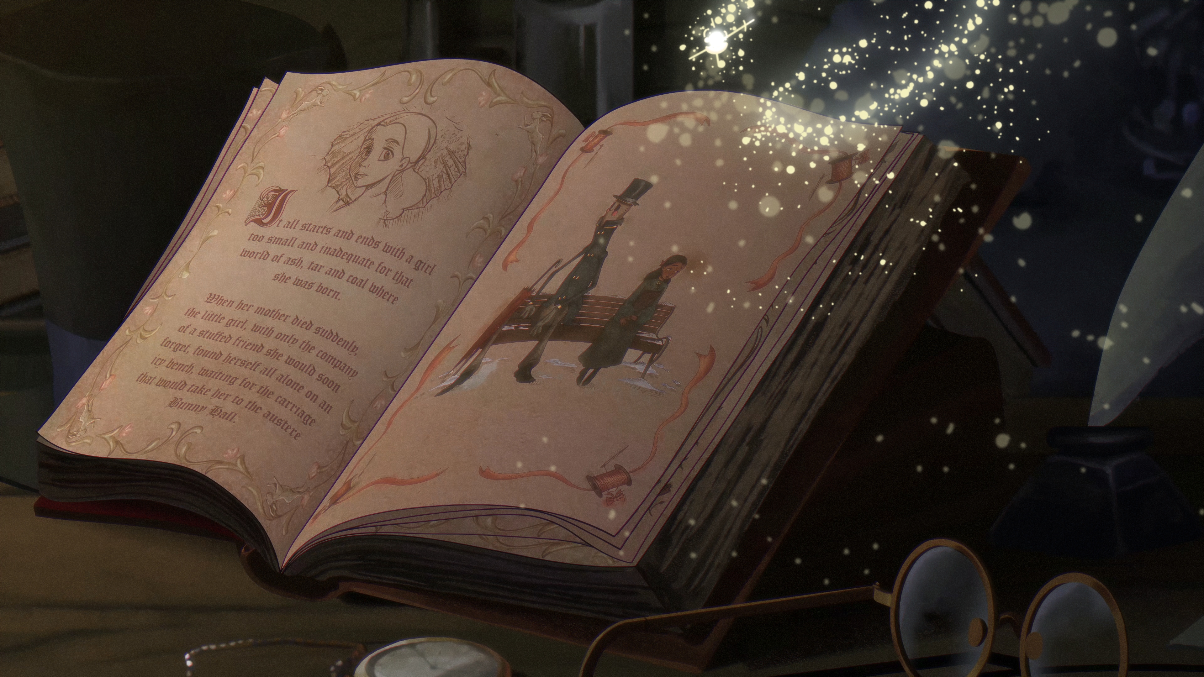 The image features a book with a picture of a girl and a stuffed bunny on the cover. The book is open to a page with a picture of a man and a woman. The book is placed on a table, accompanied by a clock and a pair of glasses. The text on the image reads: "J all starts and too small ends and with world of ash, inadequate I she tar up for girl was coal that When born. where the her mother little girl, died ol A with forgrl, stuffed friend only suddentp, found she the LCP beneh, herself would company that waiting all moulo take for the alone soon her to on Bunny Dall. the carriage an austere."