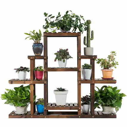 Front. Costway - 6-Tier Flower Wood Stand Plant Display Rack Multifunctional Storage Shelf - Brown.