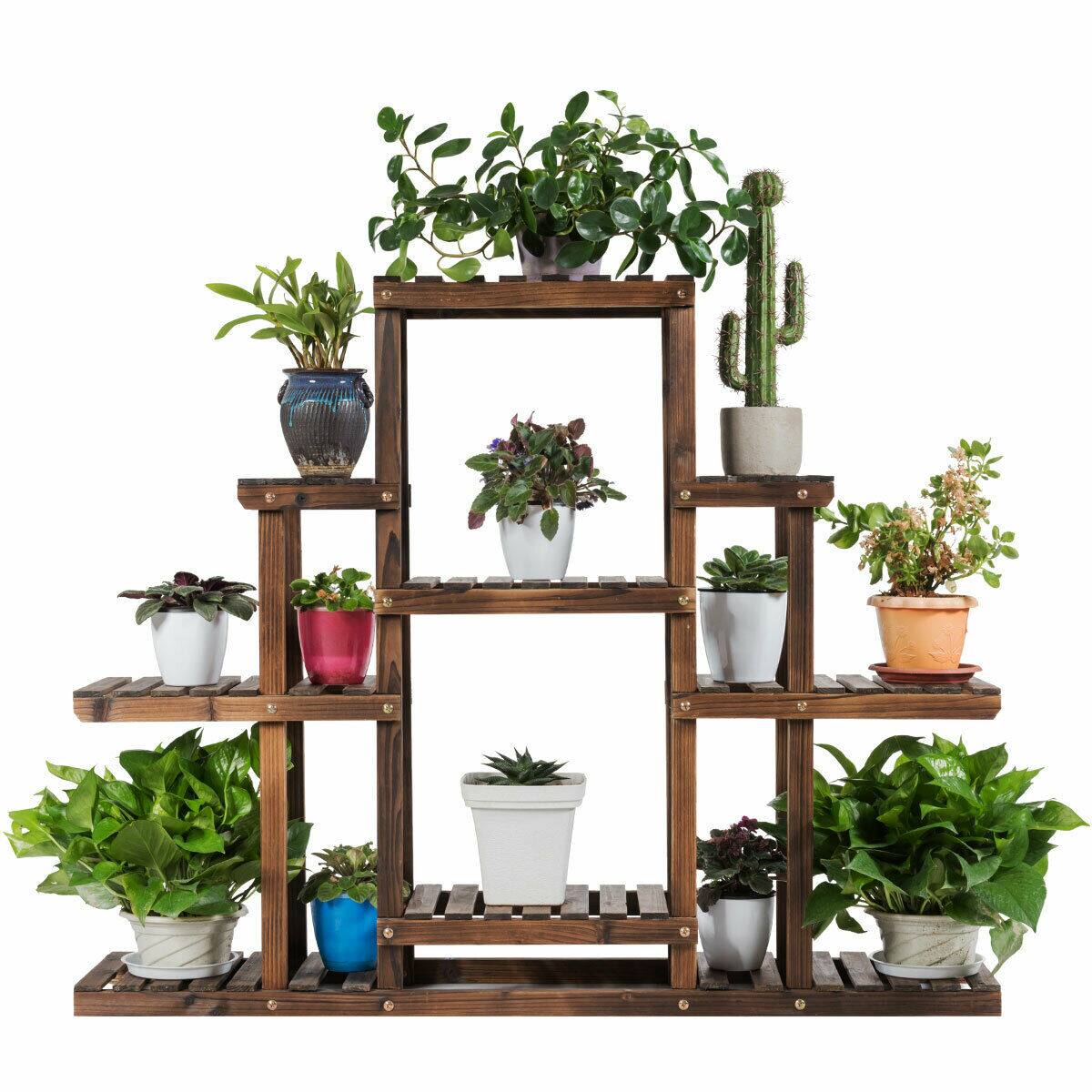 Costway - 6-Tier Flower Wood Stand Plant Display Rack Multifunctional Storage Shelf - Brown