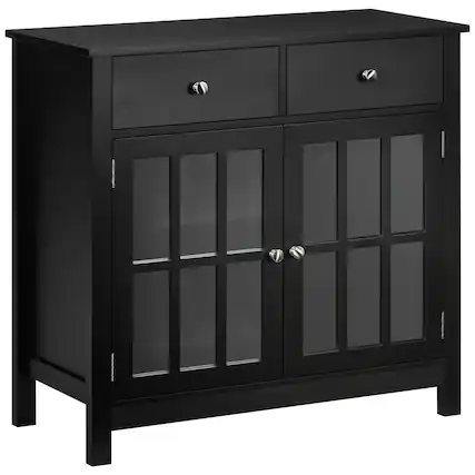 Front. Homcom - Sideboard Buffet Cabinet, Accent Kitchen Cabinet with Glass Doors, Adjustable Shelf and 2 Drawers for Kitchen - Black.