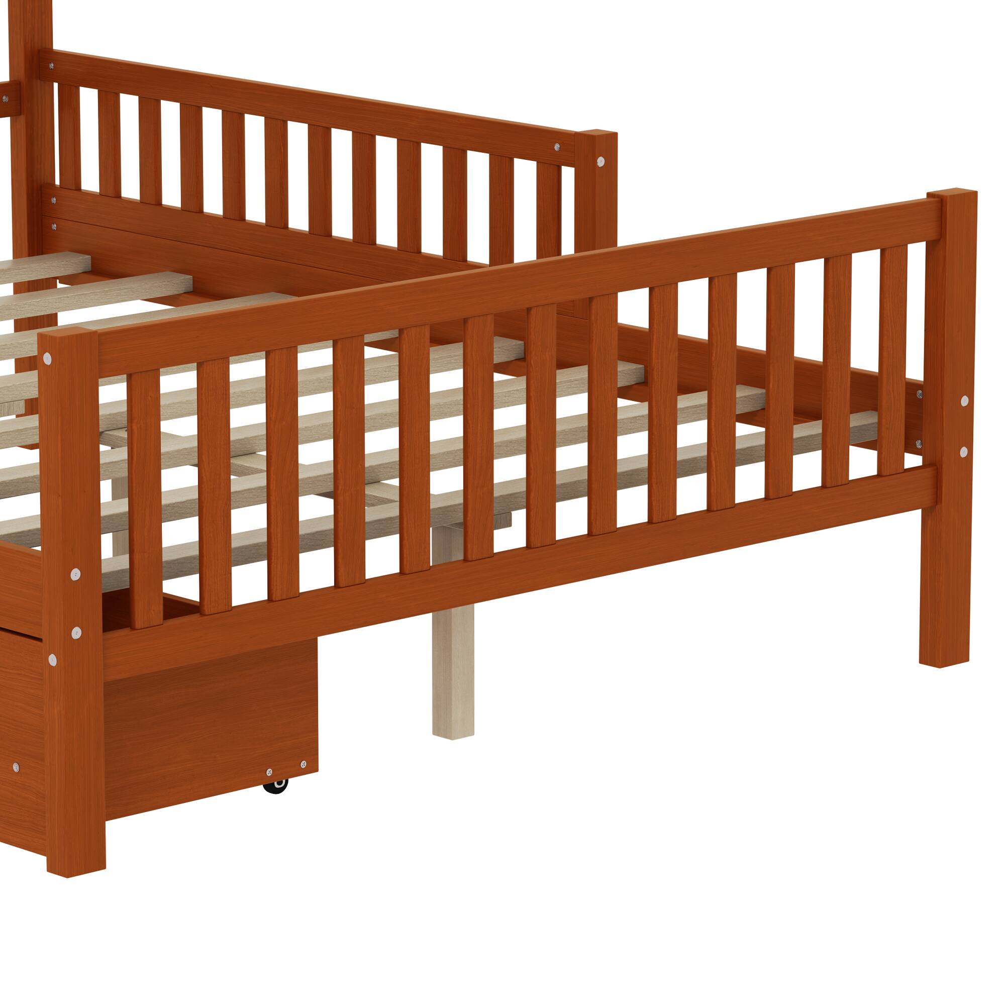 Alt View 9. GOODSILO - Full Size Wood Platform Bed with Guardrails, Storage Drawers, and Minimalist Headboard for Modern Bedrooms - Walnut.