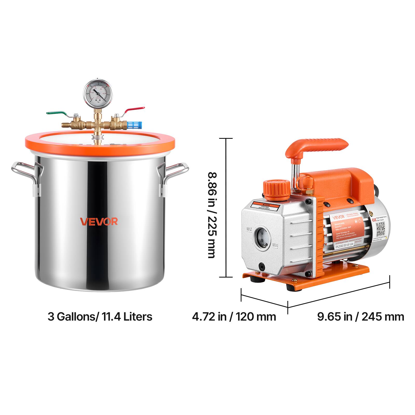 VEVOR

3 Gallons/11.4 Liters

4.72 in / 120 mm

9.65 in / 245 mm

8.86 in / 225 mm