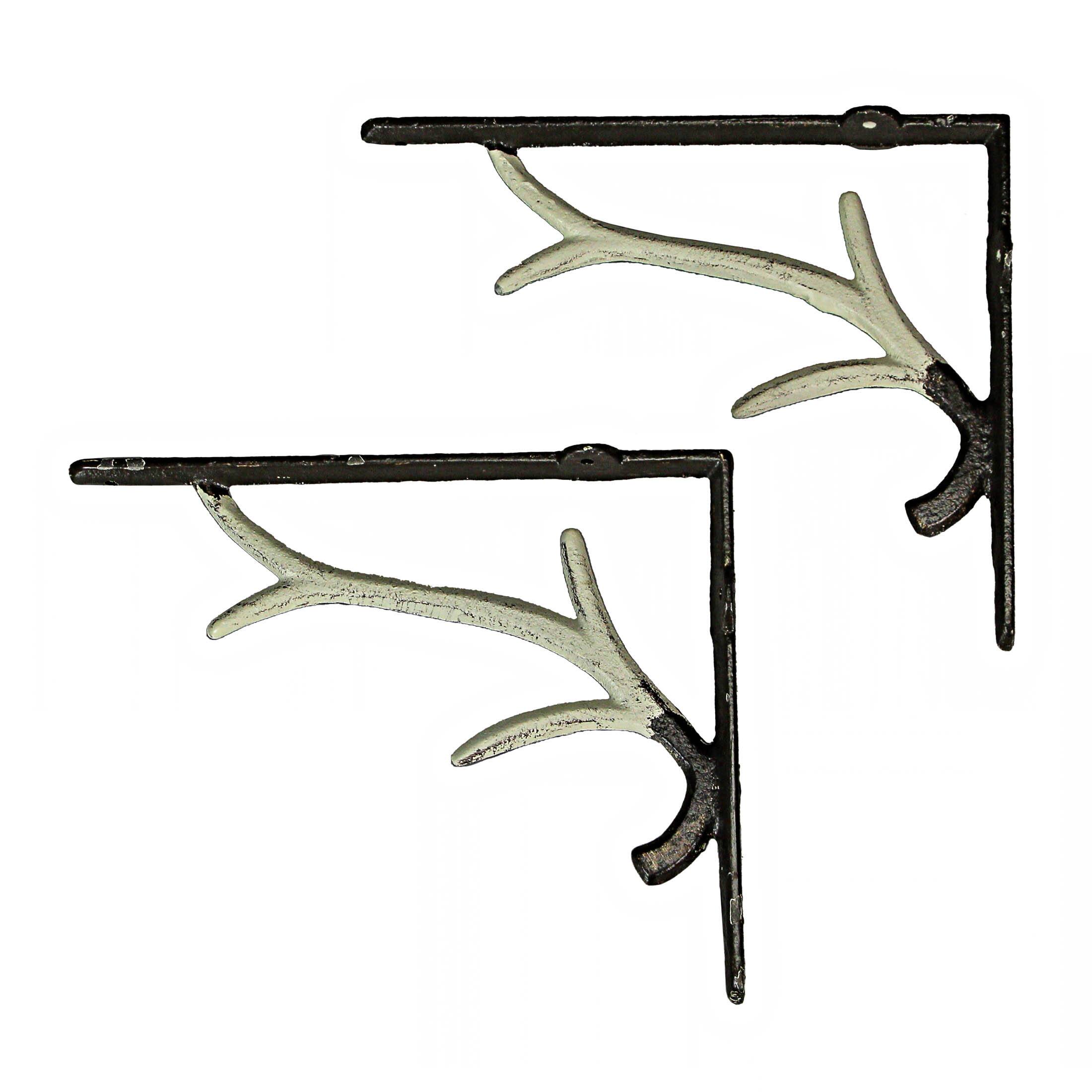 Front. Zeckos - Set / 2 Cast Iron White Deer Antler Decorative Shelf Brackets Wall Decor Corbels - Off-white.