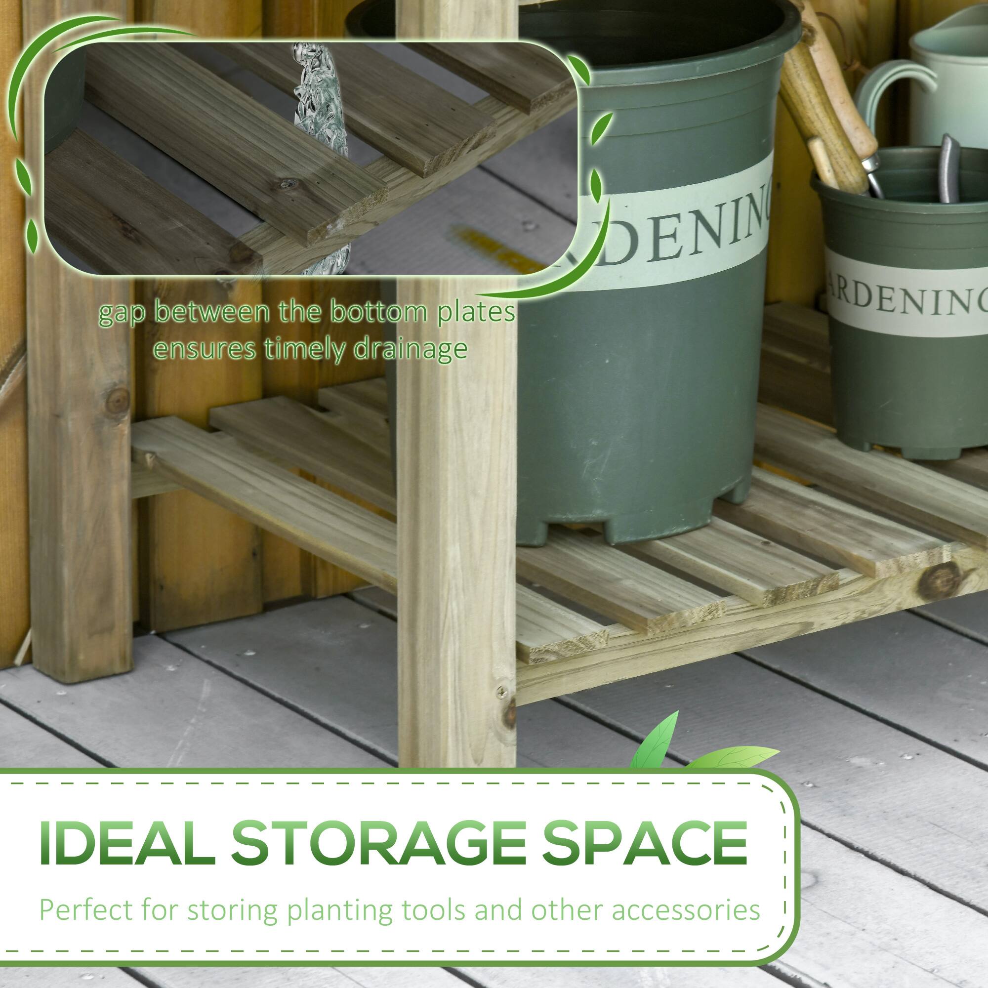 - DENIN gap between the bottom plates RDENIN ensures timely drainage
- IDEAL STORAGE SPACE
- Perfect for storing planting tools and other accessories