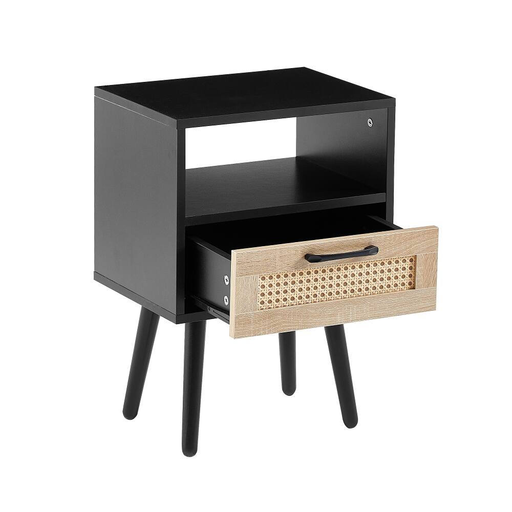 Alt View 8. Loheer - Loheer Black Rattan End Table Modern Nightstand with Drawer - Black.