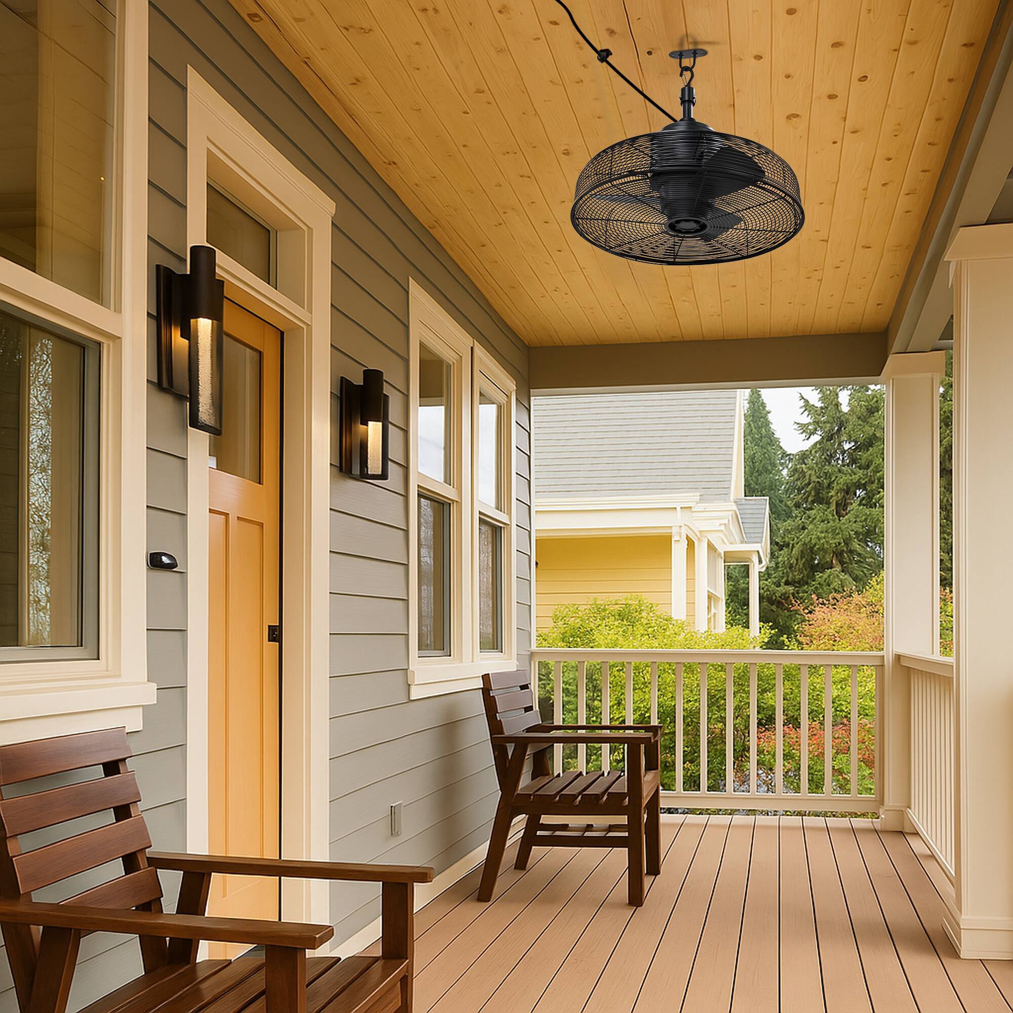 Back. Breezary - 20" Outdoor Cage Waterproof Plug-in Gazebo Ceiling Fan with 3 ABS Blades, No-Light, Cord Hook-Mounted, AC Motor - Matte Black.