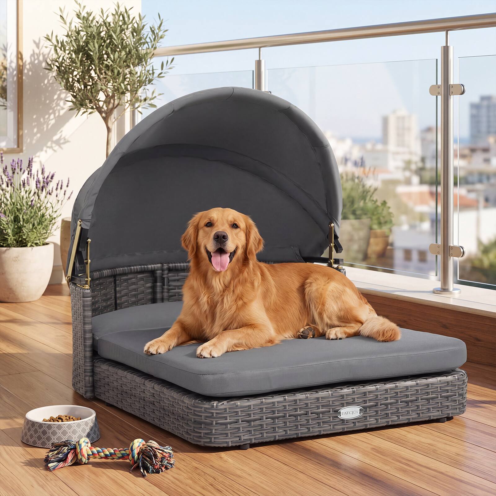 Alt View 3. Costway - Costway Wicker Dog House Outdoor with Adjustable Canopy 2 Detachable Soft Cushions for Yard - Mixed Gray+Gray.