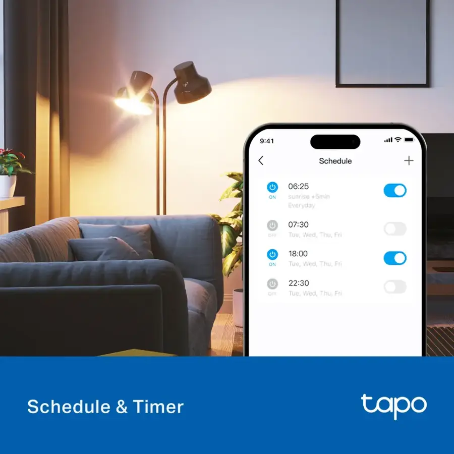 Schedule & Timer:

* 9:41: Schedule + ON 06:25 sunrise +5min Everyday OFF
* 7:30: Tue, Wed, Thu, Fri ON
* 18:00: Tue, Wed, Thu, Fri OFF
* 22:30: Tue, Wed, Thu, Fri