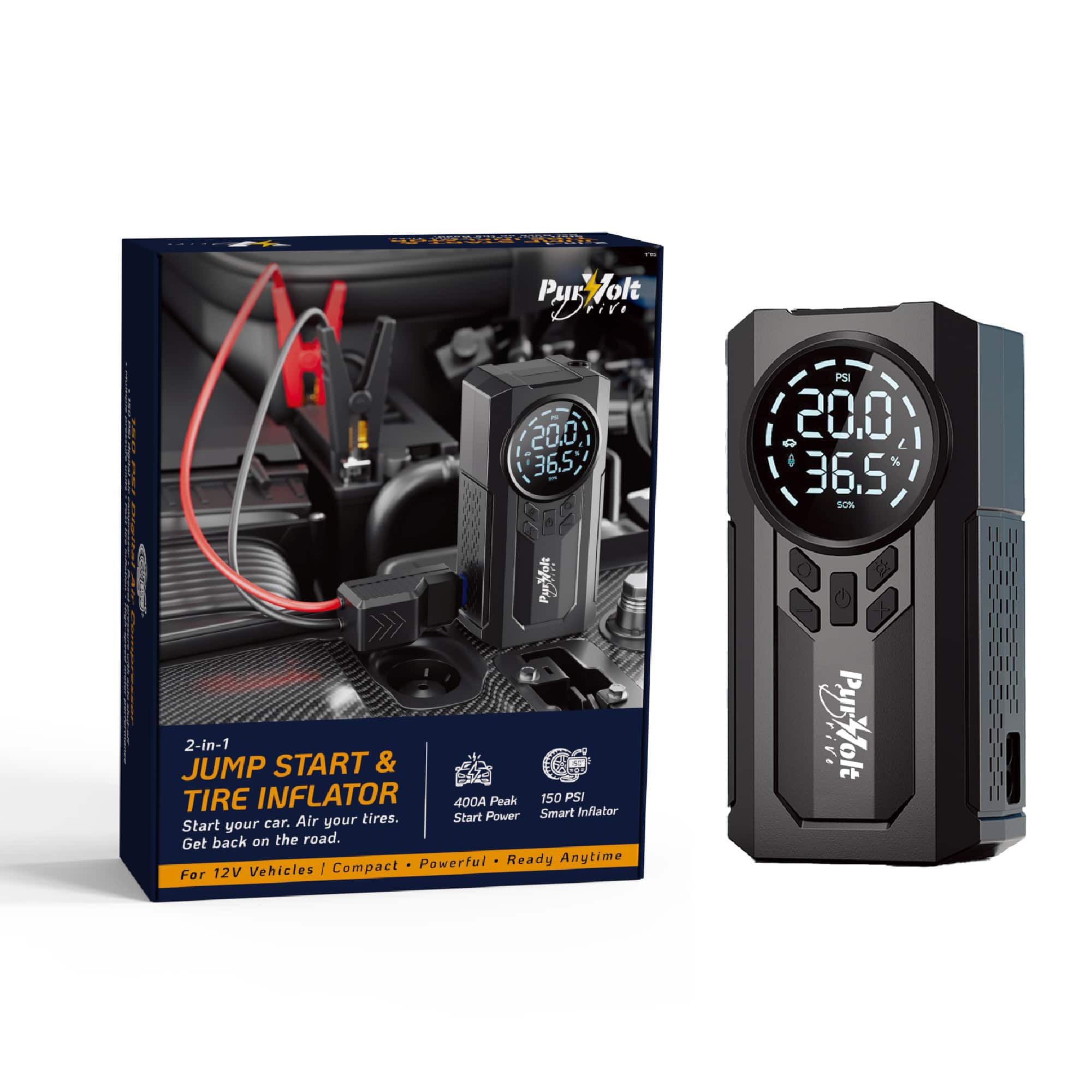 Pursonic - 2-in-1 Car Jump Starter & Tire Inflator, 400A Peak Battery Booster for 12V Vehicles, 150 PSI Air Compressor with Digital - Black price history on PriceWatchPro