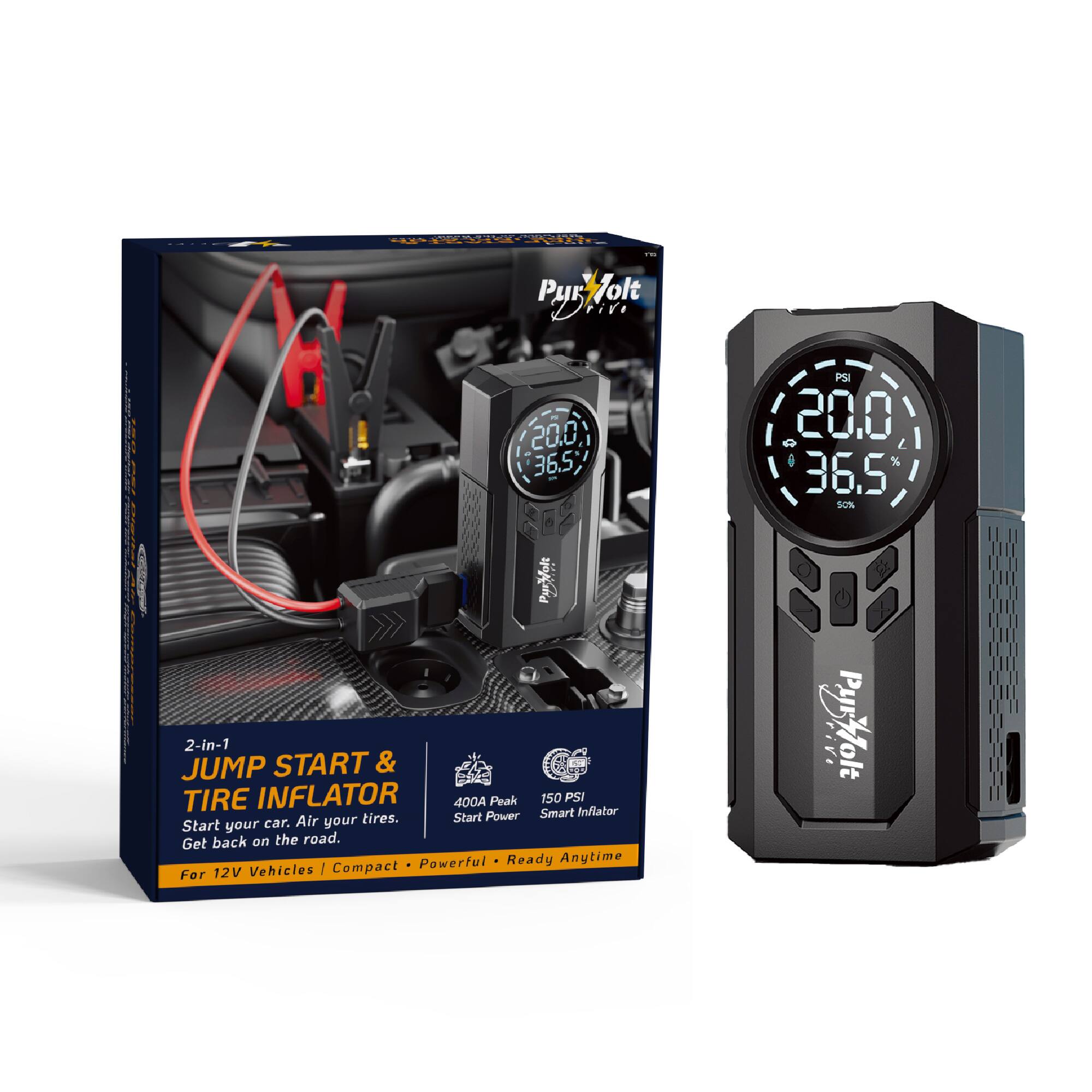 PurVolt Drive

2-in-1 JUMP START & TIRE INFLATOR

Start your car. Air your tires. Get back on the road.

400A Peak Start Power

150 PSI

Smart Inflator

For 12V Vehicles | Compact | Powerful | Ready Anytime

PSI 20.0 36.5

Scs PurVolt