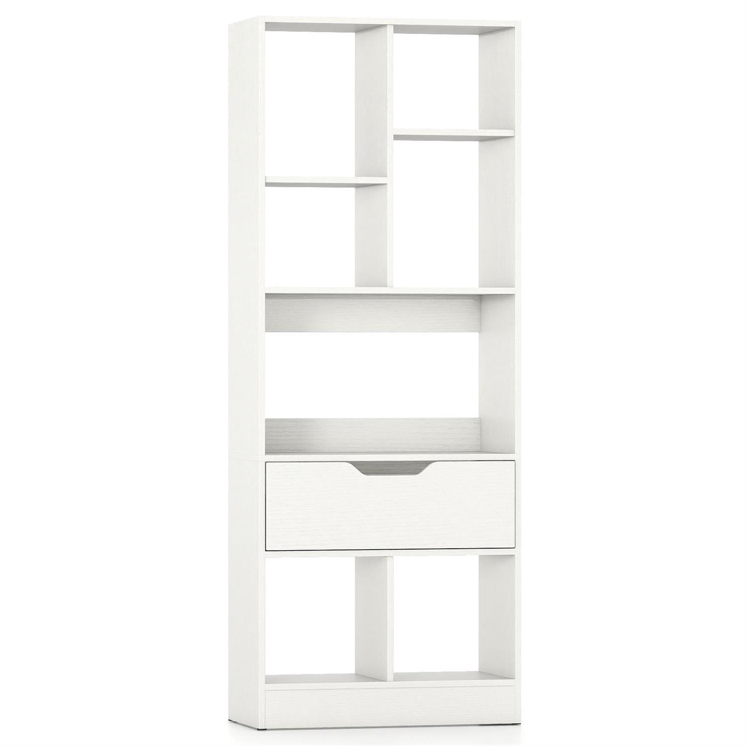Angle. Pefilos - 51inch Tall Freestanding Bookcase with Drawer, 7-Cube Storage Organizer for Home Office, Anti-Tip Design, White - White.