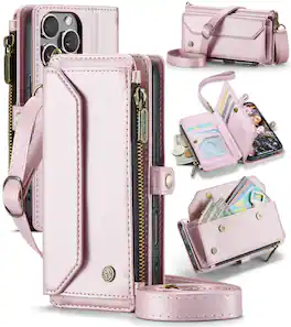 Dteck - Crossbody Wallet Case for Apple iPhone 16 Pro with Card Slots and Zipper Pocket, RFID Blocking PU Leather Cover - Pink