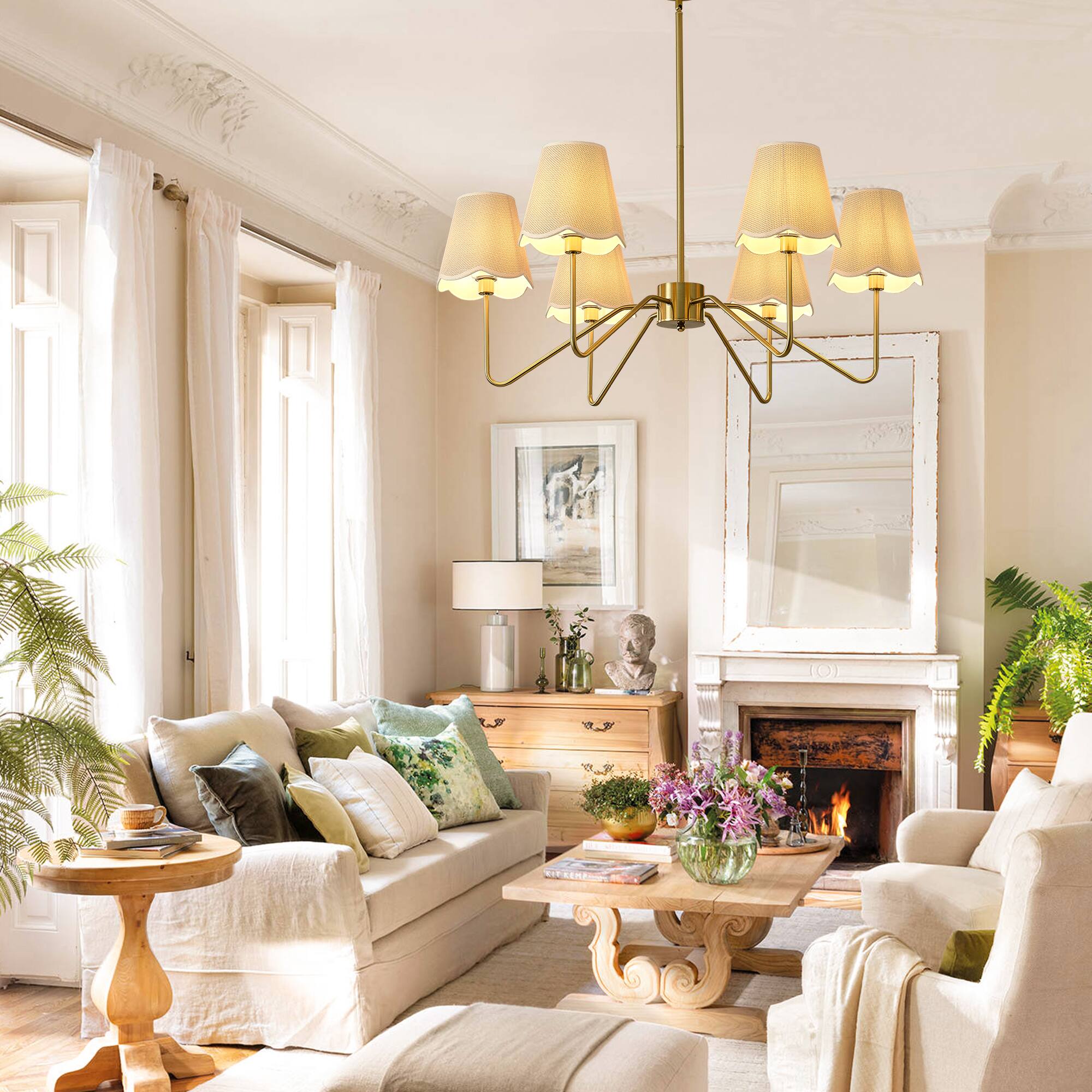 Alt View 1. RYHNUYNE - 6-Light Boho Chandelier with Fabric Shades 40 Inch Large Brass Pendant Light for Dining Room Kitchen Island Dimmable.