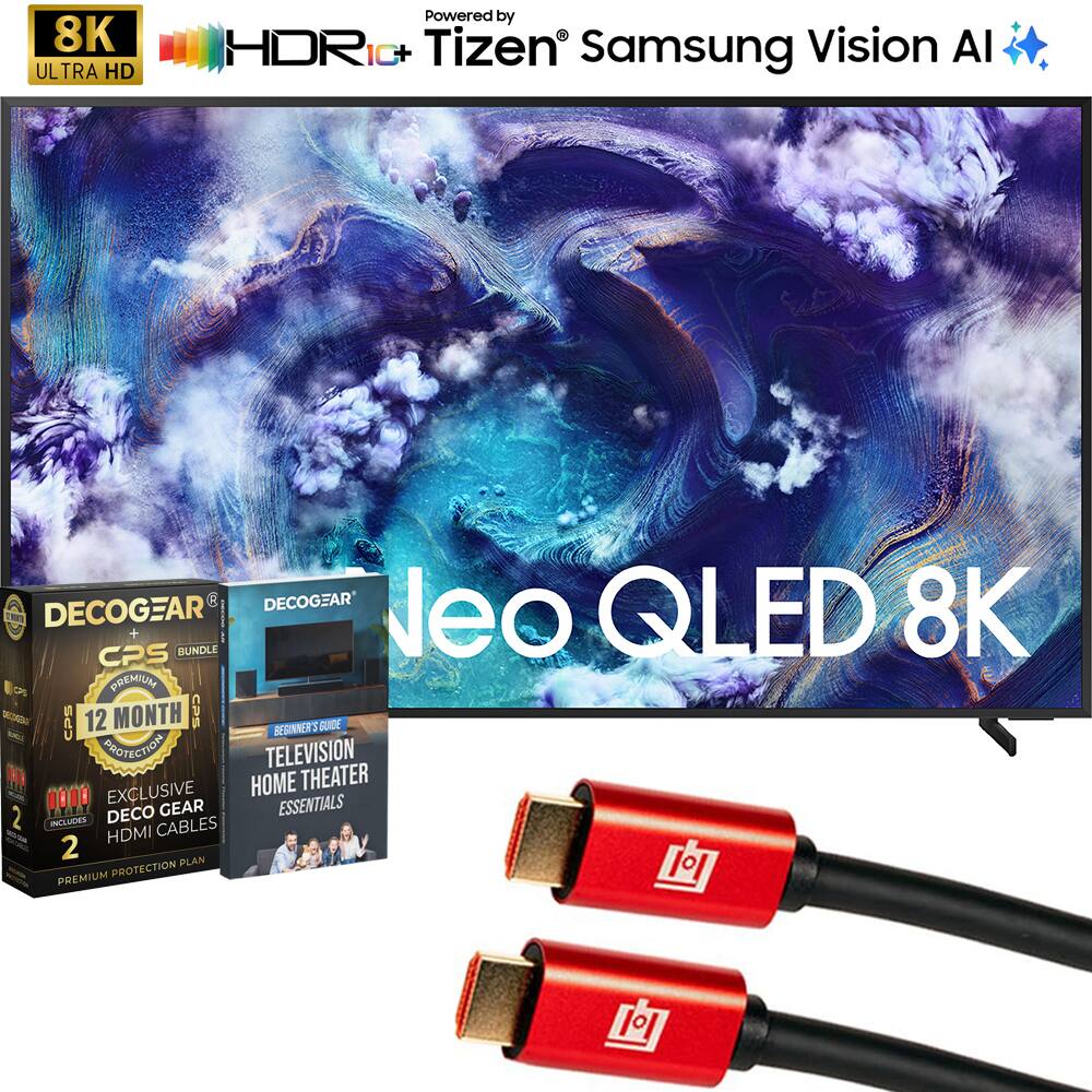 8K ULTRA HD  
Powered by Tizen  
Samsung Vision AI  

Neo QLED 8K  

DECOGEAR  
CPS BUNDLE  
12 MONTH  
PREMIUM PROTECTION  
EXCLUSIVE DECOGEAR HDMI CABLES  
2 INCLUSIVE  

DECOGEAR  
BEGINNER'S GUIDE  
TELEVISION HOME THEATER ESSENTIALS  

DECOGEAR  
2 HDMI CABLES  
PREMIUM PROTECTION PLAN