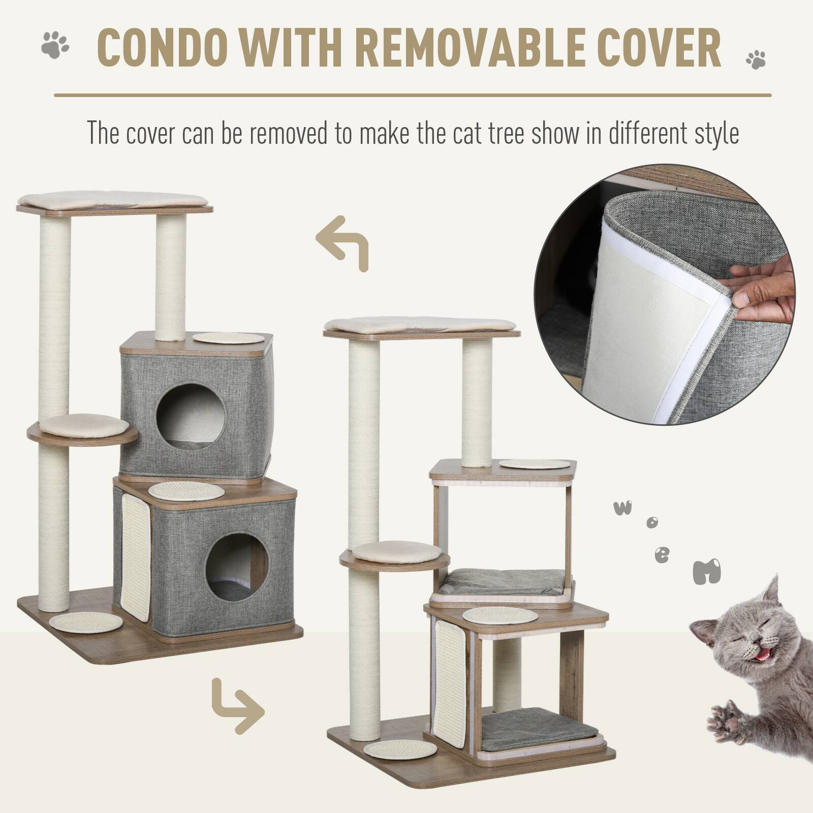 Alt View 2. Pawhut - 44" H Feline Cat Tower Tree House with Sisal Scratching Posts, Soft Relaxing Cushions, & Many Perches/Condos - Brown, Grey and White.