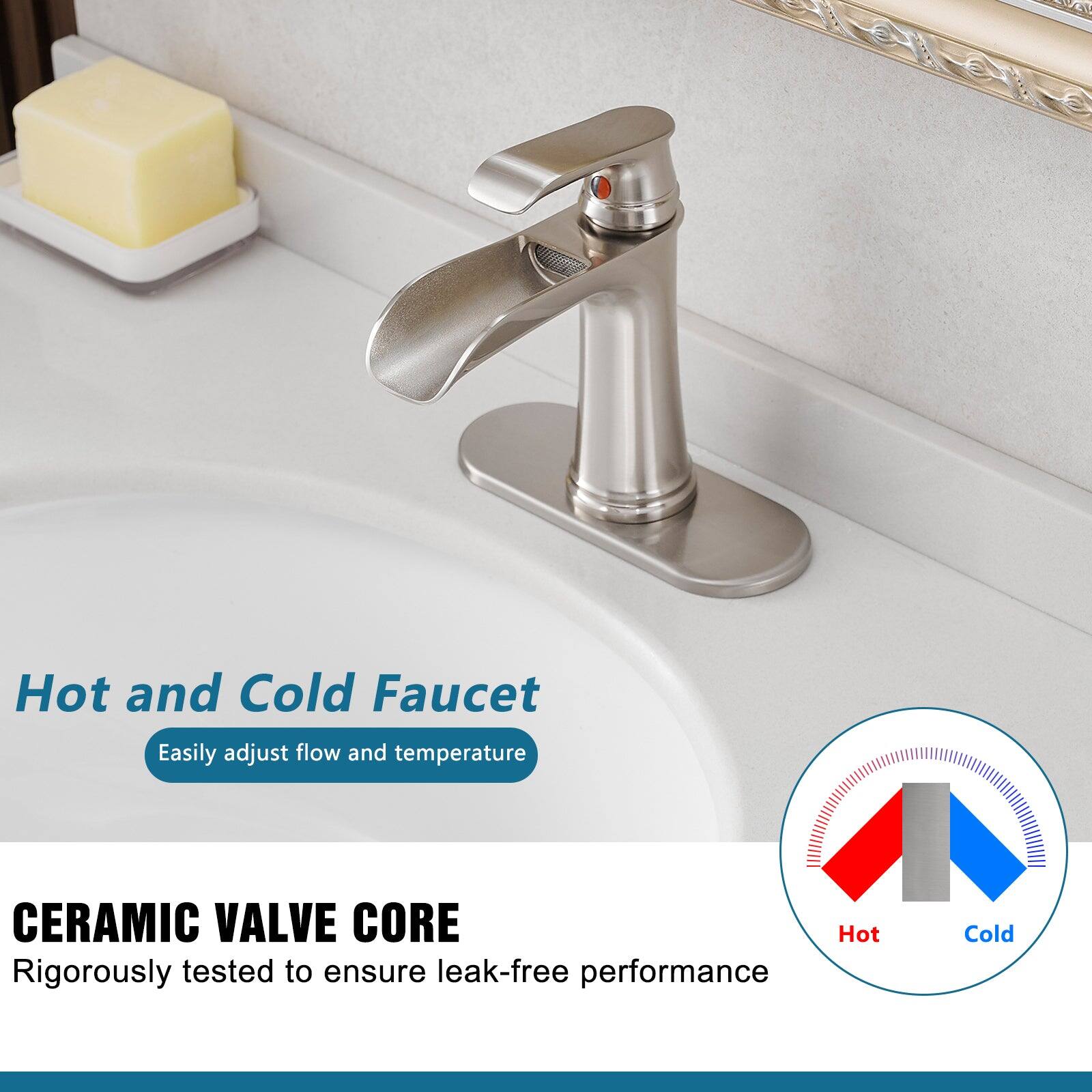 Hot and Cold Faucet  
Easily adjust flow and temperature  

CERAMIC VALVE CORE  
Rigorously tested to ensure leak-free performance  

Hot Cold