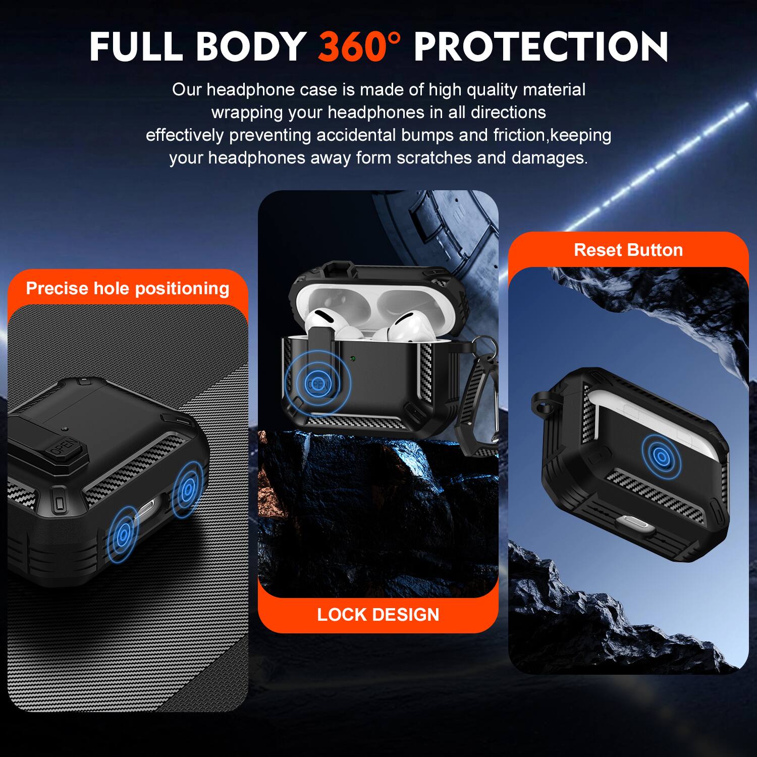 FULL BODY 360° PROTECTION

Our headphone case is made of high quality material wrapping your headphones in all directions effectively preventing accidental bumps and friction, keeping your headphones away from scratches and damages.

- Precise hole positioning
- Reset Button
- LOCK DESIGN