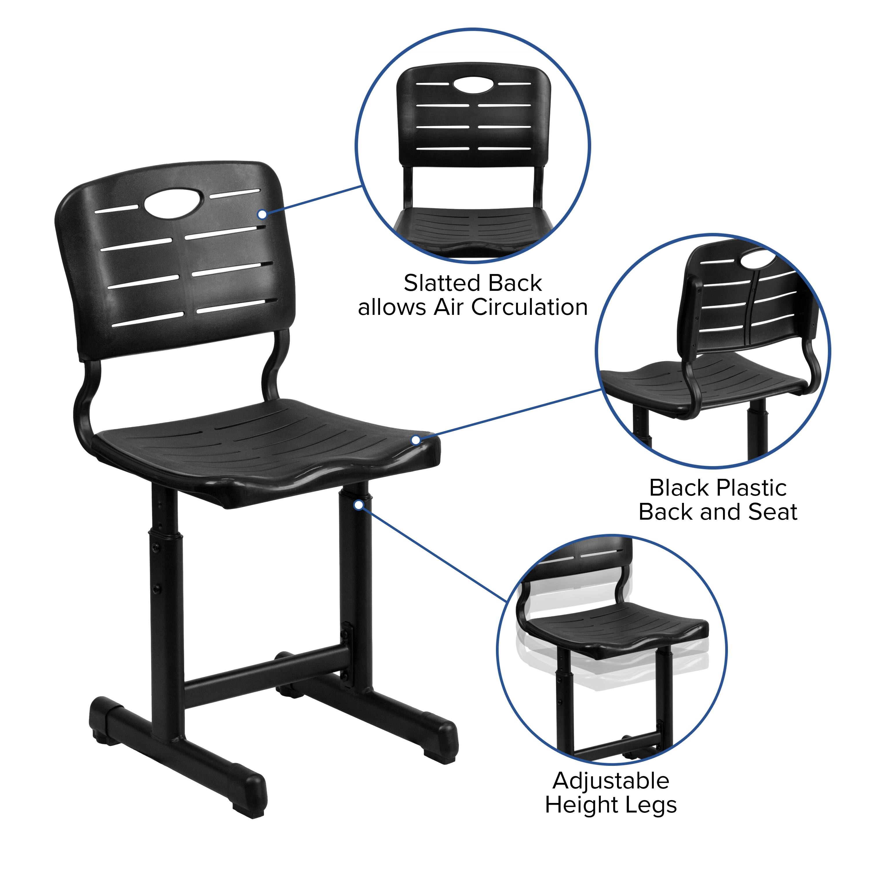 Slatted Back allows Air Circulation  
Black Plastic Back and Seat  
Adjustable Height Legs