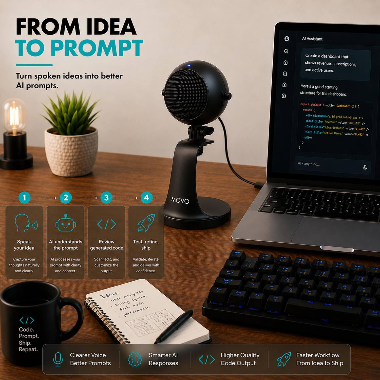 FROM IDEA TO PROMPT  
Turn spoken ideas into better AI prompts.

AI Assistant  
Create a dashboard that shows revenue, subscriptions, and active users.  
Here's a good starting structure for the dashboard.

export default function Dashboard() {  
  return (  
    <div className="grid grid-cols-3">  
      <Card title="Revenue" value="$1,245" />  
      <Card title="Subscriptions" value="1,245" />  
      <Card title="Active Users" value="8,432" />  
    </div>  
  );  
}

Ask anything...

1. Speak your idea  
   Capture your thoughts naturally and clearly.

2. AI understands  
   AI processes your idea with clarity and context.

3. Review the prompt generated code  
   Scan, edit, and customize the output.

4. Test, refine, ship  
   Validate, iterate, and deliver with confidence.

Ideas:  
- user analytics system  
- billing dark mode  
- performance

Code. Prompt. Ship. Repeat.

Clearer Voice  
Better Prompts

Smarter AI  
Responses

Higher Quality  
Code Output

Faster Workflow  
From Idea to Ship
