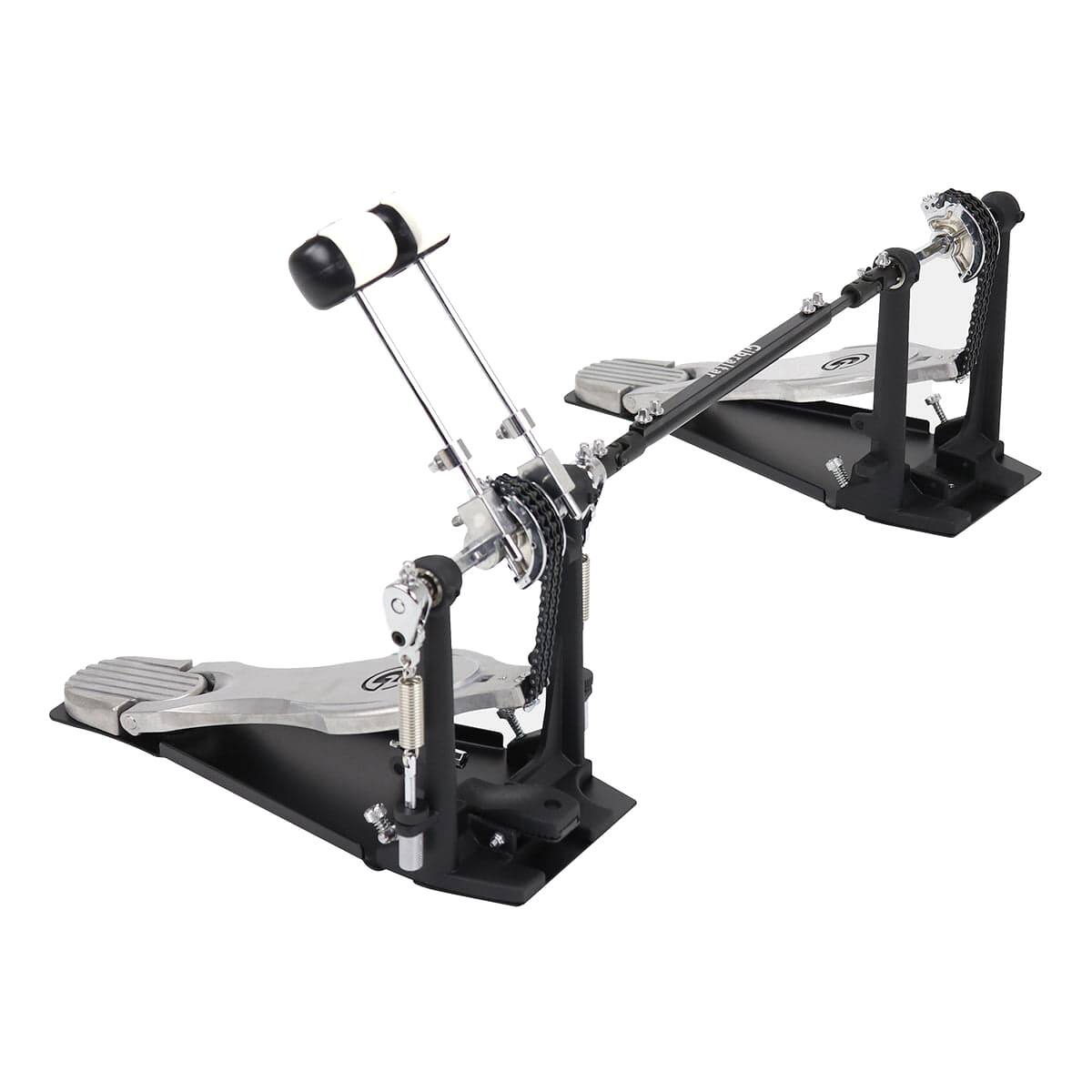 Angle. Gibraltar Hardware - 6000 Series Double Chain Drive Double Bass Drum Pedal, with G Style Fast Touch Footboards, Dual Surface Beaters.