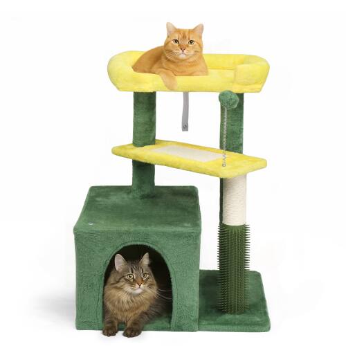 Alt View 7. Winado - 27inch Small Cat Tower with Scratching Post, Ball, Cat Condo, Padded Top Bed for Indoor Kittens Cats Indoor Activity - Yellow & Green.