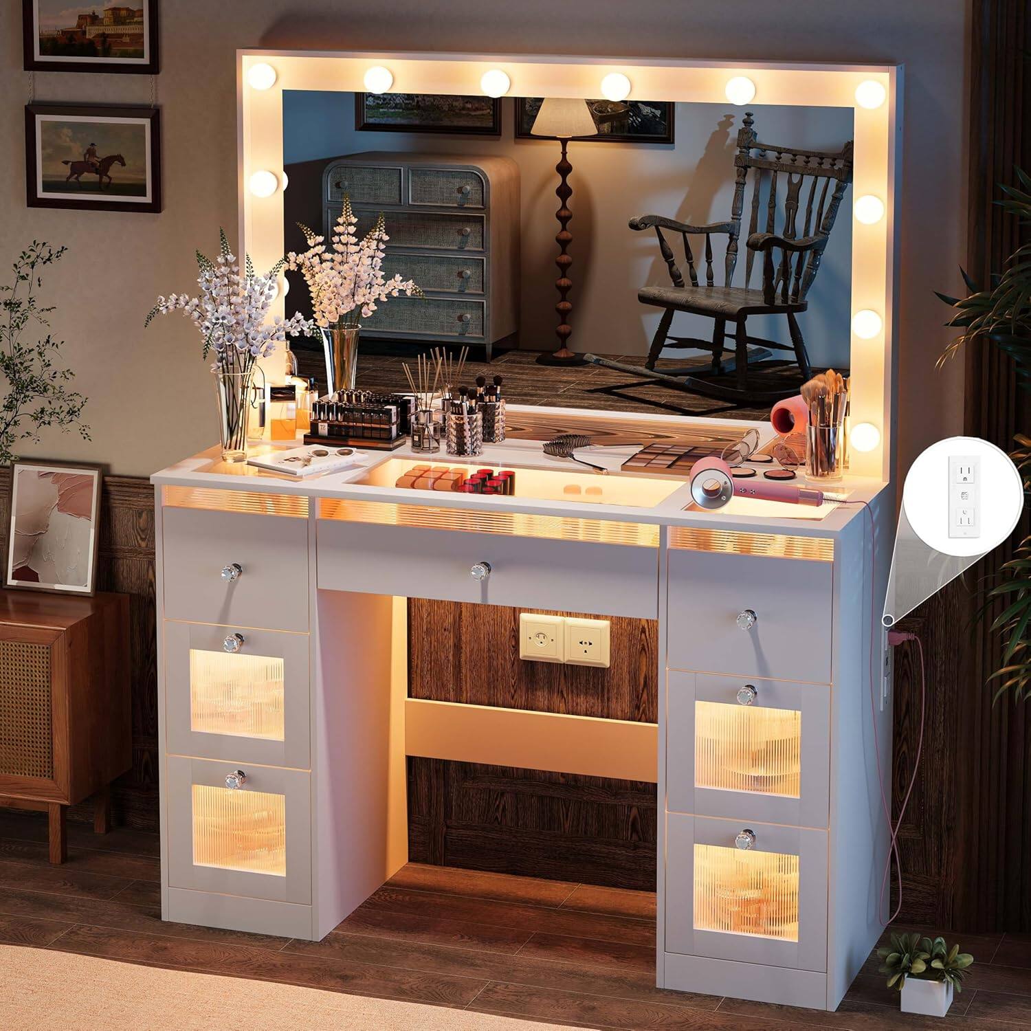 Alt View 3. DIYSET - DIYSET 43" Vanity Desk with 36.9" Lighted Mirror, Glass Top Vanity Table with 7 Lighted Drawers, Built-in Power Outlet - White.