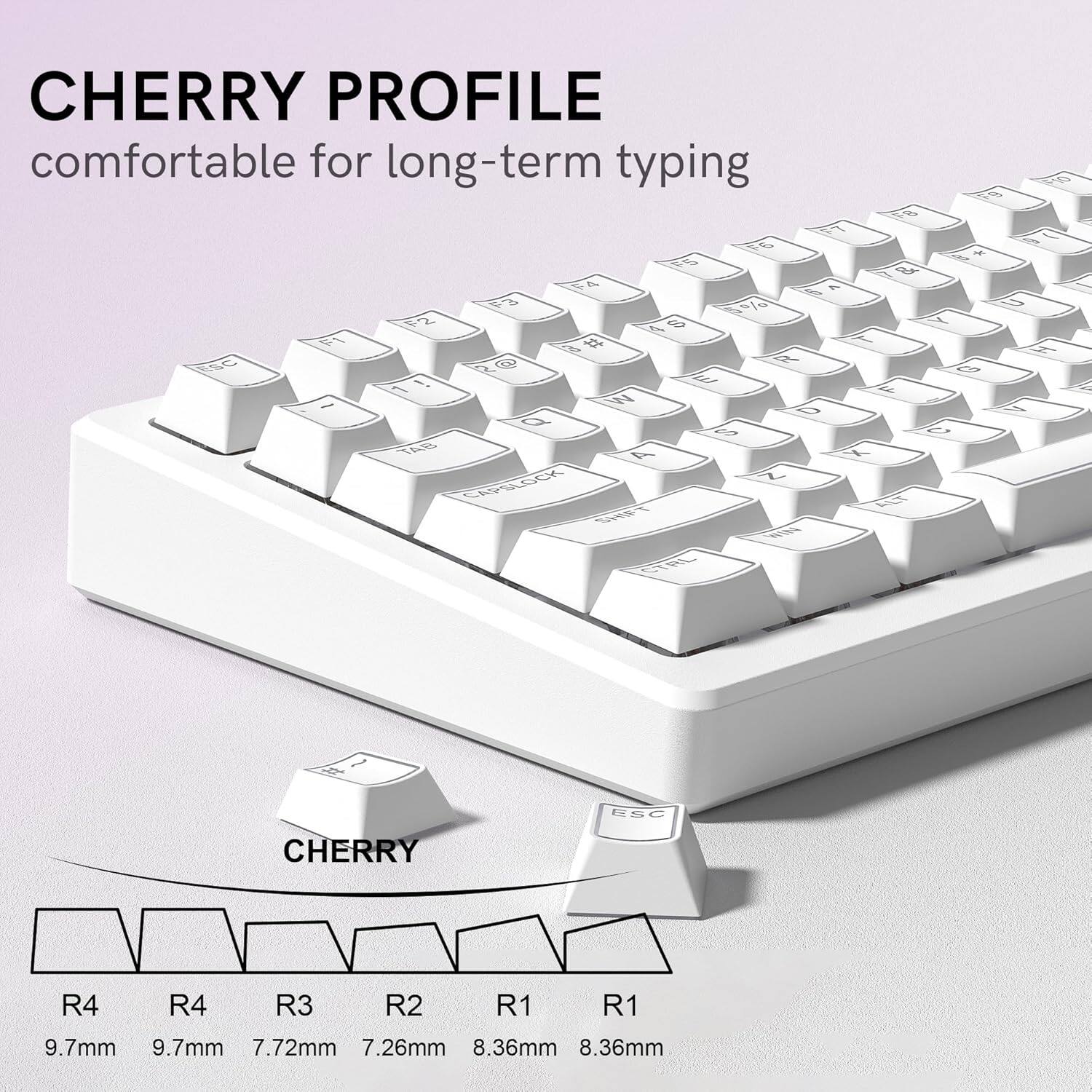CHERRY PROFILE  
comfortable for long-term typing  

1% 7  
P0 d 22 o C I 7 5  
E2 S 1 A F # A 1Se C e 5 ! u fo / N 9 Q 00 a TAB A A CERLGOS  
A FAR FH Ma CHERRY ESC R4 R4 R3 R2 R1 R1  

9.7mm 9.7mm 7.72mm 7.26mm 8.36mm 8.36mm