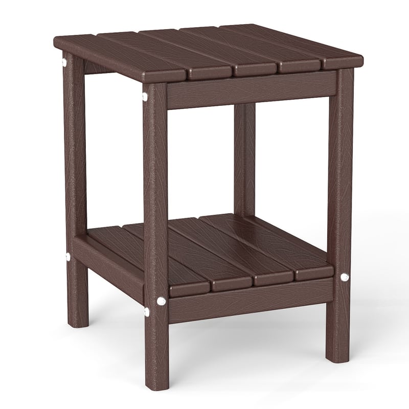 Front. FODINGHILL - Adirondack Outdoor Side Table with Wood Grain, 14x13 Inch, All-Weather HDPE Plastic for Patio & Porch - Dark Brown.