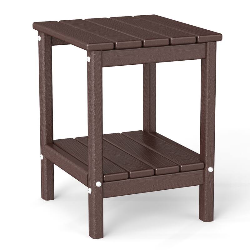 Front. FODINGHILL - Adirondack Outdoor Side Table with Wood Grain, 14x13 Inch, All-Weather HDPE Plastic for Patio & Porch - Dark Brown.