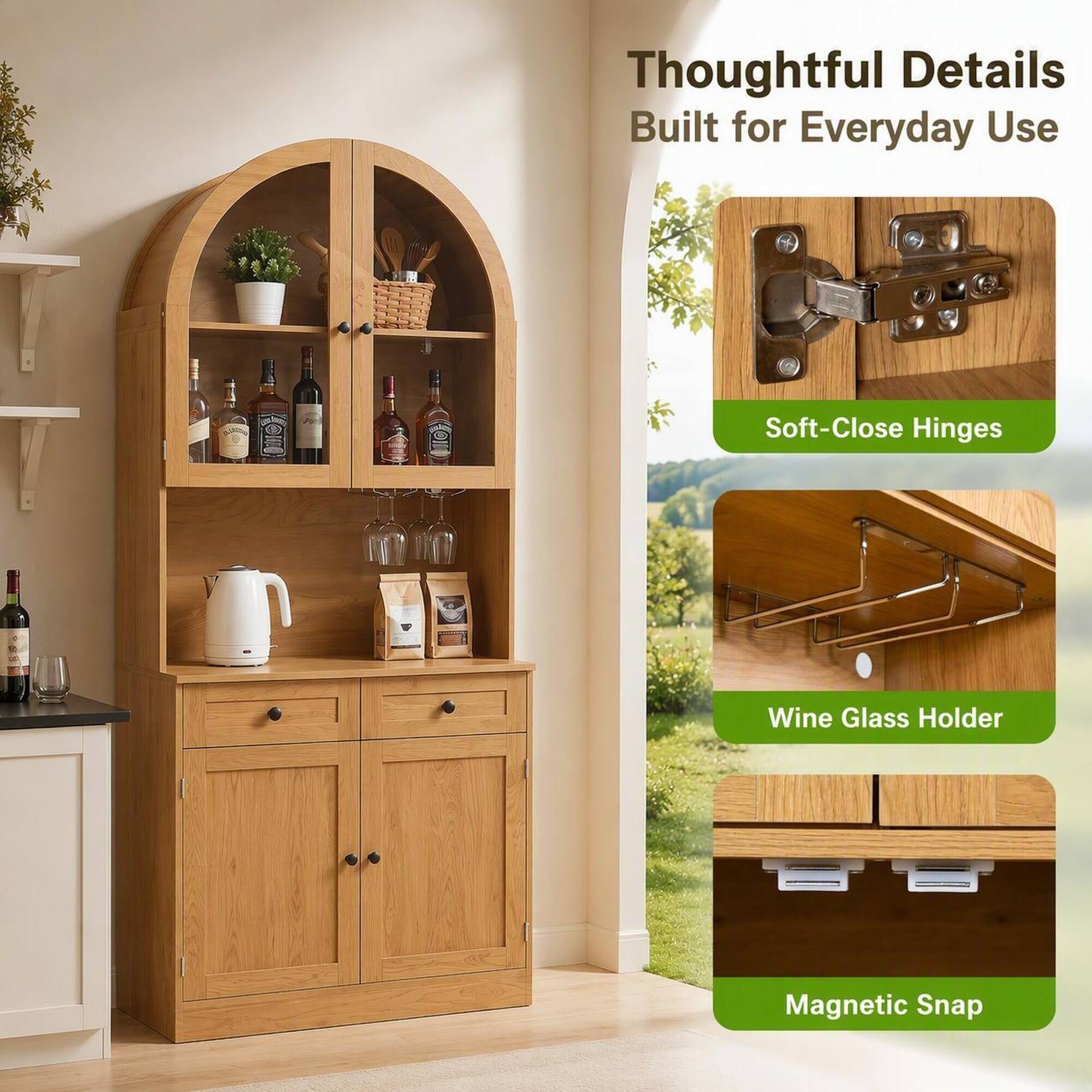 Thoughtful Details Built for Everyday Use

- Soft-Close Hinges
- Wine Glass Holder
- Magnetic Snap