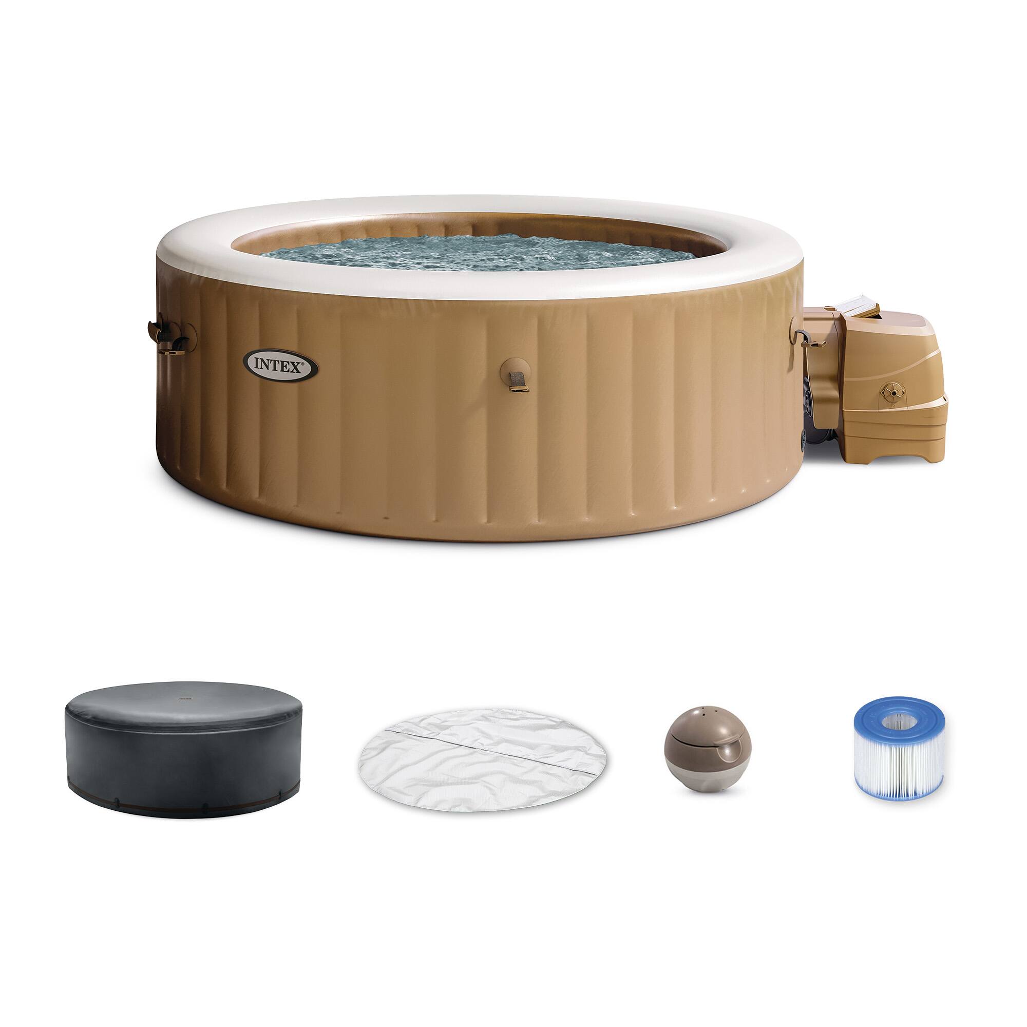 Intex - PureSpa 4 Person Bubble Massage Inflatable Hot Tub Spa Set, Sahara Tan - Brown/White