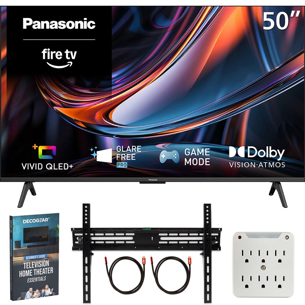 Panasonic  
50"  
fire tv  
+ VIVID QLED+  
GLARE FREE PRO  
+ GAME MODE  
Dolby VISION-ATMOS  
Panasonic  
DECOGEAR  
BEGINNER'S GUIDE TELEVISION HOME THEATER ESSENTIALS