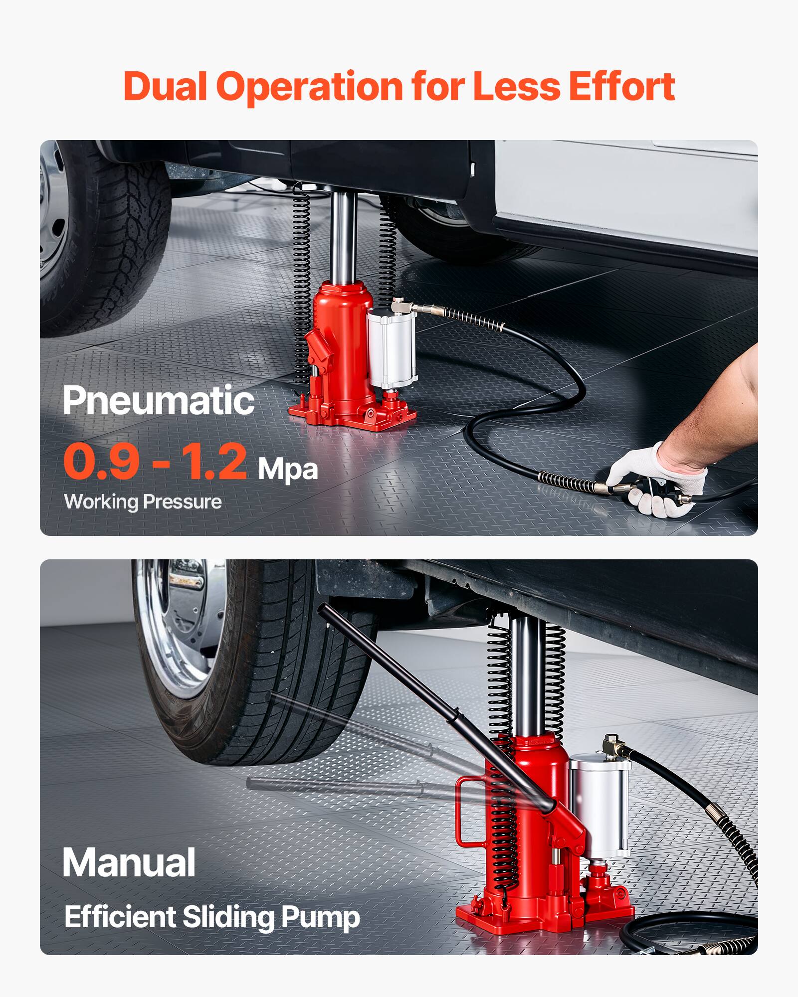 Dual Operation for Less Effort  
Pneumatic 0.9-1.2 Mpa Working Pressure  
Manual Efficient Sliding Pump
