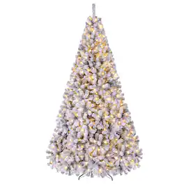 Costway - 9 FT Pre-Lit Flocked Cedar Christmas Tree Hinged - Green /White