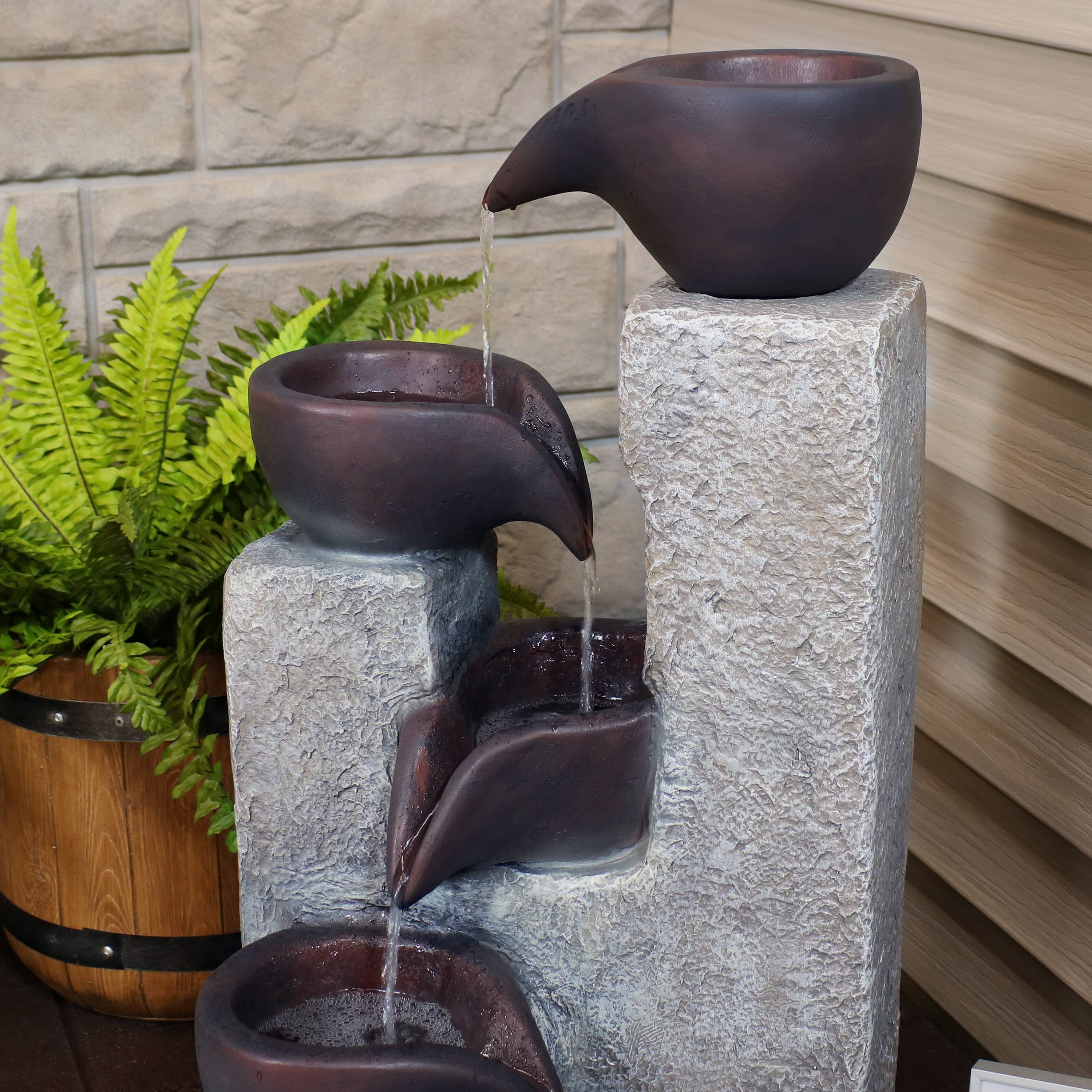 Alt View 5. Sunnydaze - Aged Tiered Vessels Solar Water Fountain with Battery - 29 in - Grey.