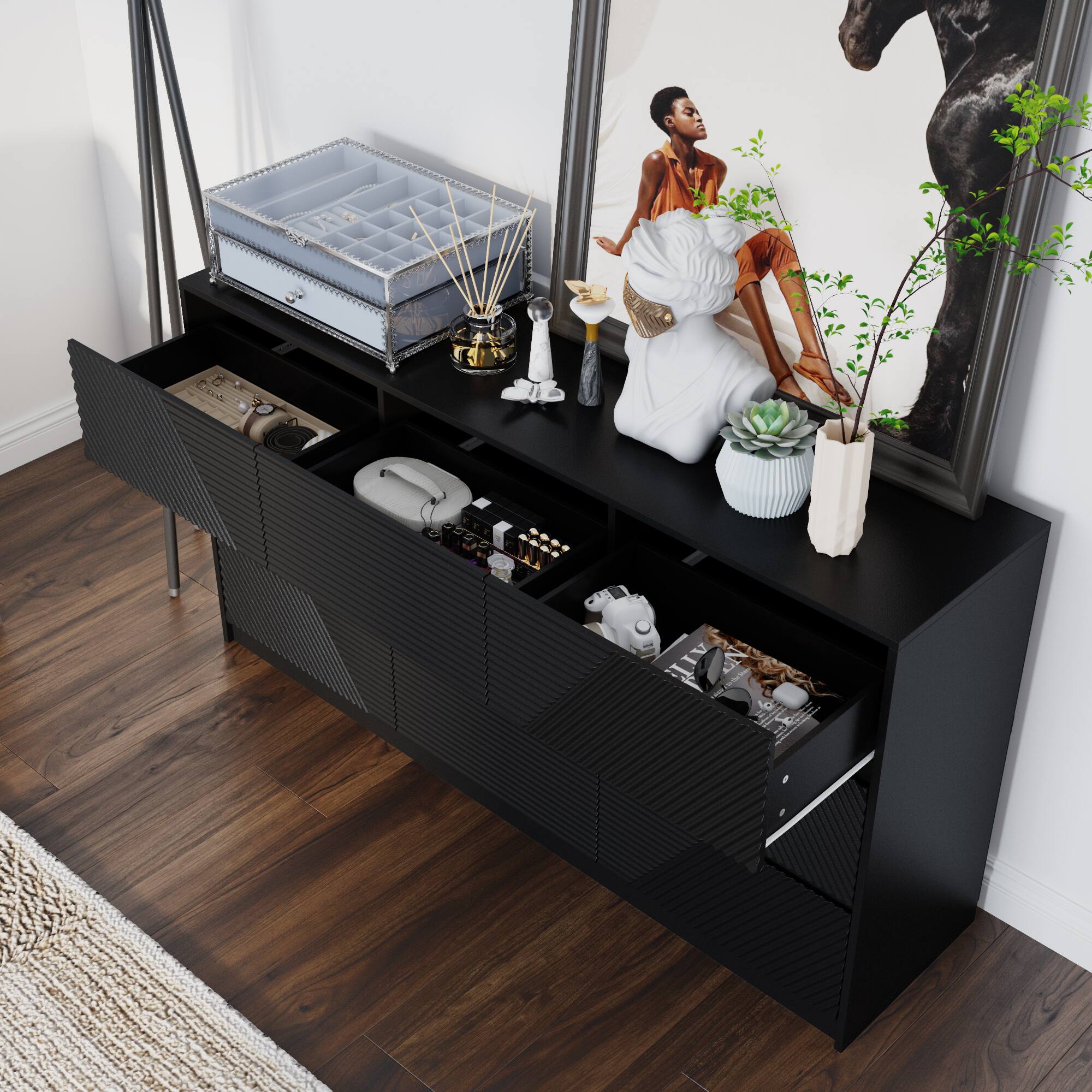 Alt View 6. Famapy - Famapy Textured 9 Drawers Dresser: Geometric Design & Anti - Tip Safety - Black.