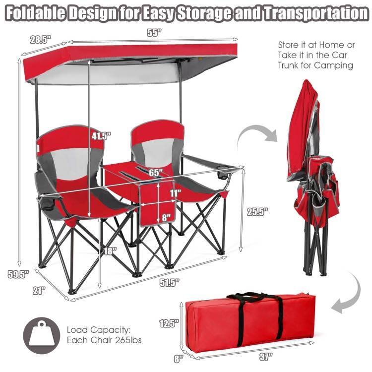 Foldable Design for Easy Storage and Transportation

- 55" (width)
- 28.5" (height)
- 41.5" (seat height)
- 65" (length)
- 11" (seat depth)
- 8" (seat width)
- 25.5" (legroom)
- 18" (legroom width)
- 59.5" (folded length)
- 21" (folded width)
- 51.5" (folded height)
- 12.5" (folded depth)
- 8" (folded width)
- 37" (folded height)

Store it at Home or Take it in the Car Trunk for Camping

Load Capacity: Each Chair 265lbs