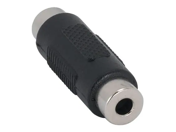 Front. Cable Leader - 3.5mm Stereo Female to Female Coupler, Mini-Phone, Fully Molded - Black.