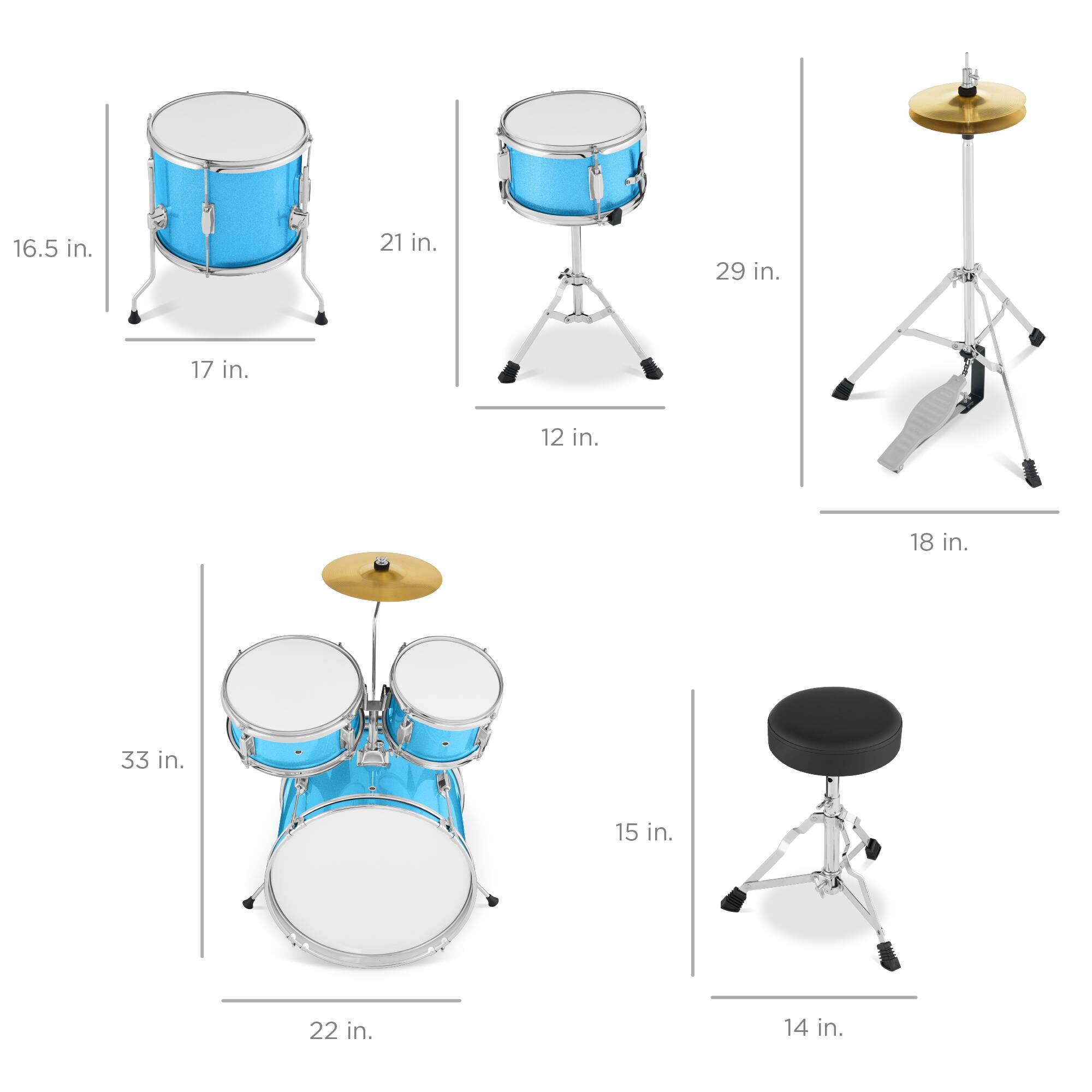 Here are the measurements grouped according to the image:

- **Snare Drum:**
  - Diameter: 16.5 in.
  - Height: 17 in.

- **Tom Drum:**
  - Diameter: 21 in.
  - Height: 12 in.

- **Cymbal Stand:**
  - Height: 29 in.
  - Width: 18 in.

- **Drum Set:**
  - Height: 33 in.
  - Width: 22 in.

- **Drum Throne:**
  - Height: 15 in.
  - Width: 14 in.