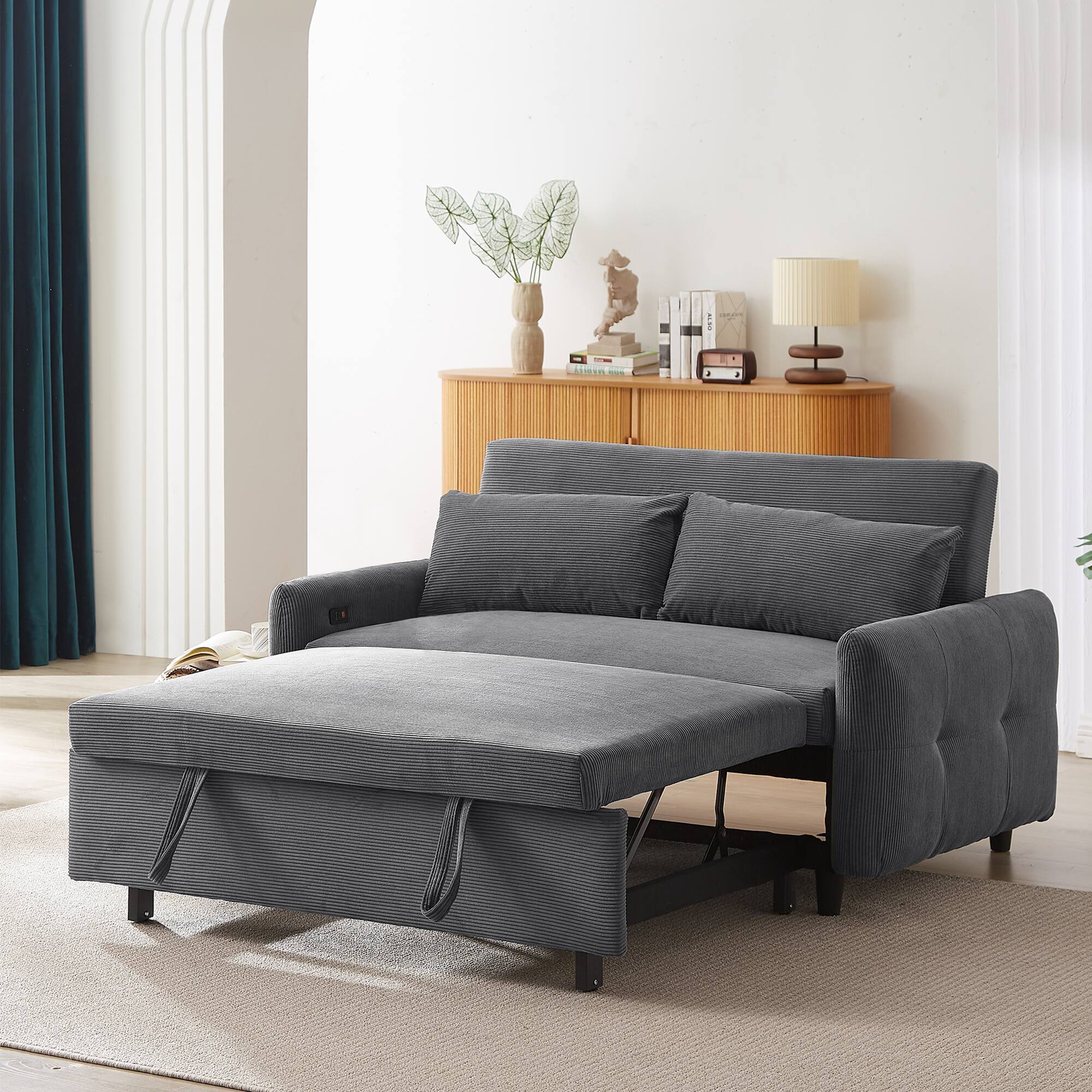 Alt View 6. Tiramisubest - 57.48" Modern Convertible Pull-out Sofa Bed with USB Ports and Two Throw Pillows for Living Room,Dark Grey - DARK GREY.