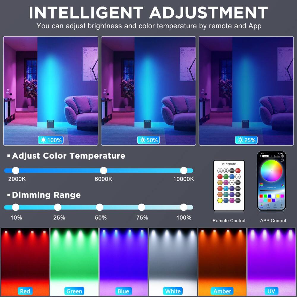 INTELLIGENT ADJUSTMENT  
You can adjust brightness and color temperature by remote and App  

- Adjust Color Temperature  
  2000K 6000K 10000K  

- Dimming Range  
  10% 25% 50% 75% 100%  

Remote Control  
APP Control  

Red Green Blue White Amber UV