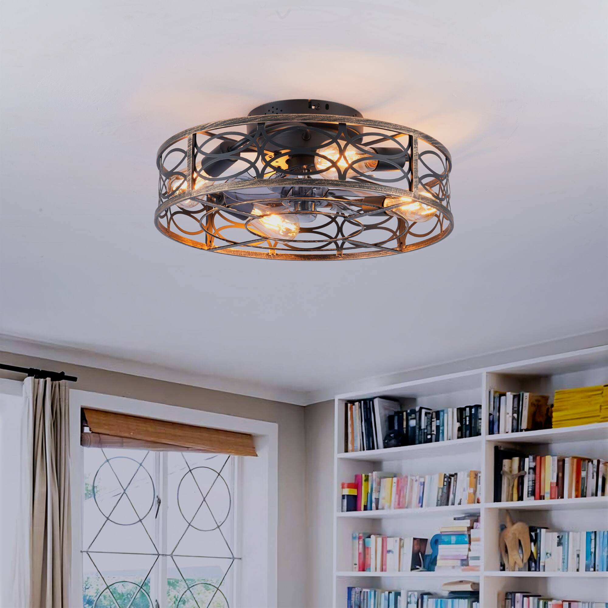 Angle. GOODSILO - 20" Low Profile Caged Fan with Light & Remote, Farmhouse Flush Mount, 6-Speed Reversible (Bulbs Not Included) - Blush+Gold,Bronze.