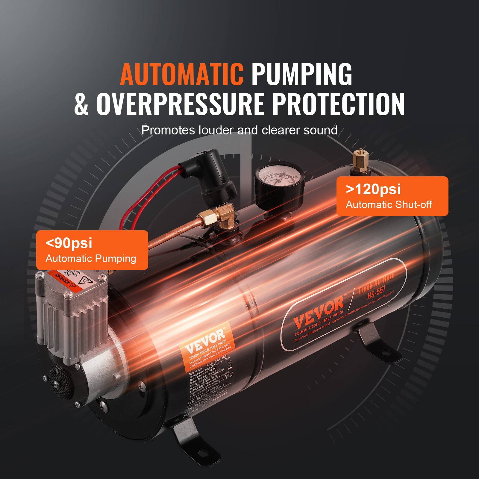 AUTOMATIC PUMPING & OVERPRESSURE PROTECTION  
Promotes louder and clearer sound  
>120psi Automatic Shut-off  
<90psi Automatic Pumping  

VEVOR  
TOUGH TOOLS - HALF PRICE  
HS-551